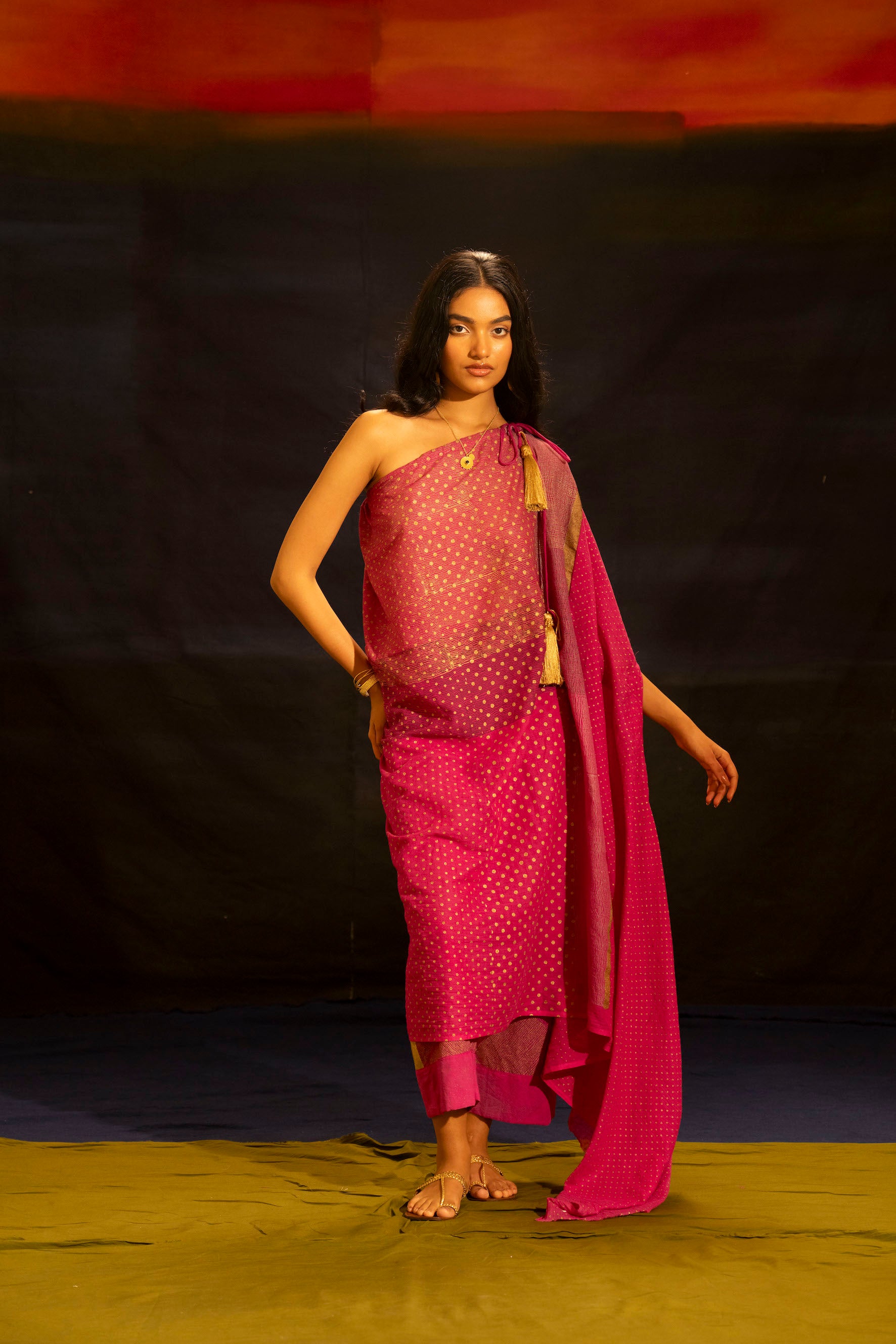 Illume Off- Shoulder Shocker Pink Kaftan Set (Set of 2)