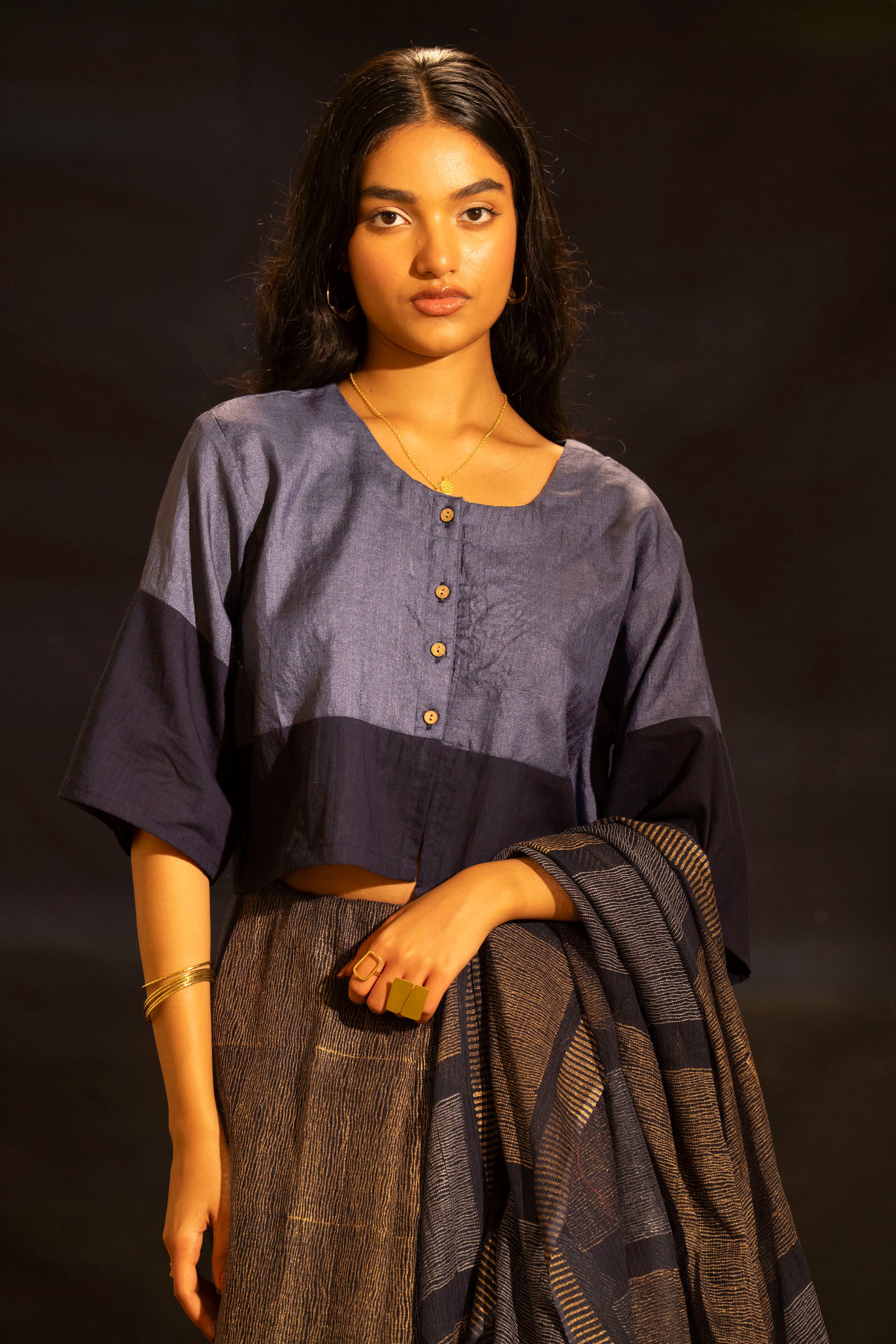 Illume Rivet Navy Saree with Handwoven Blouse