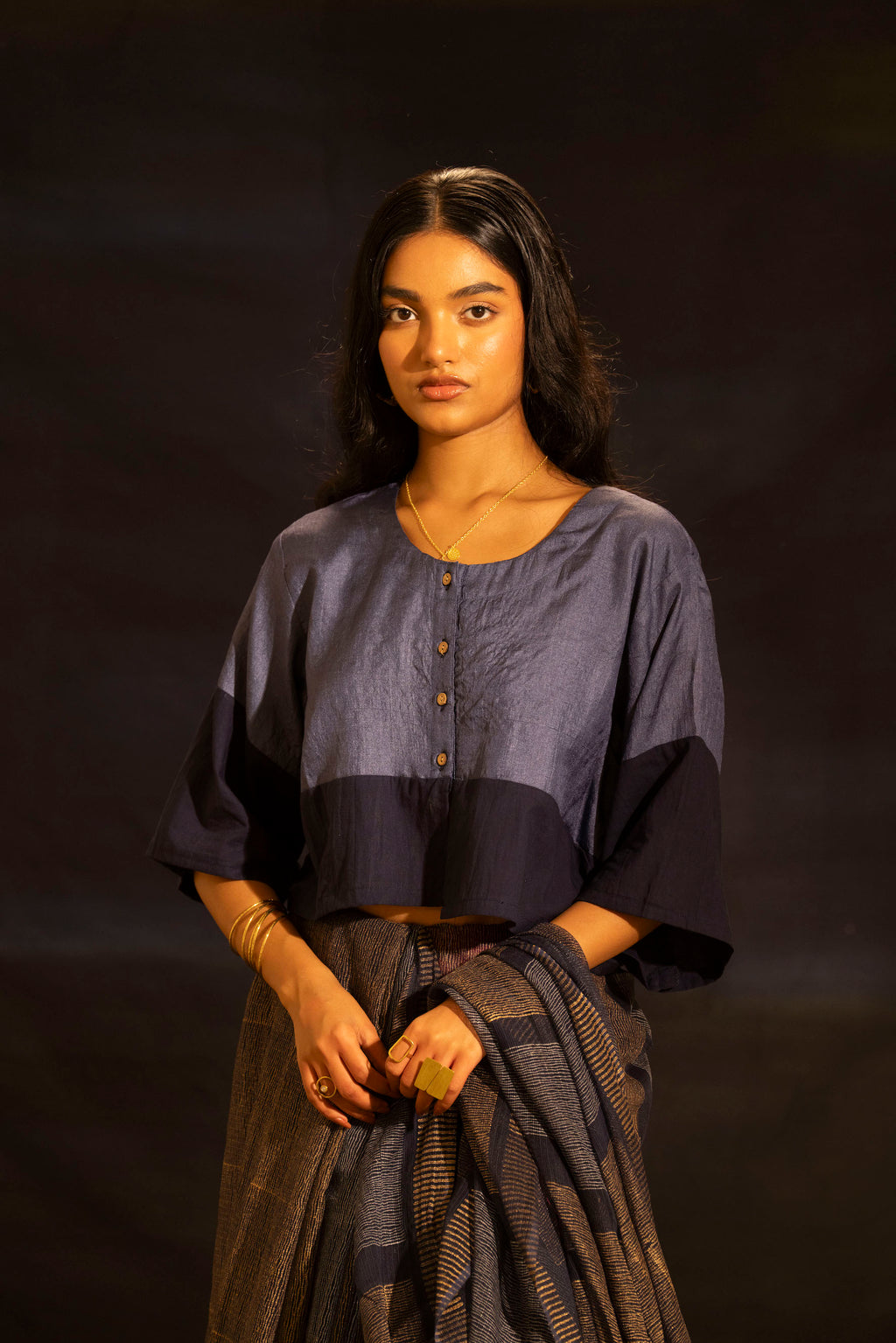 Illume Rivet Navy Saree with Handwoven Blouse