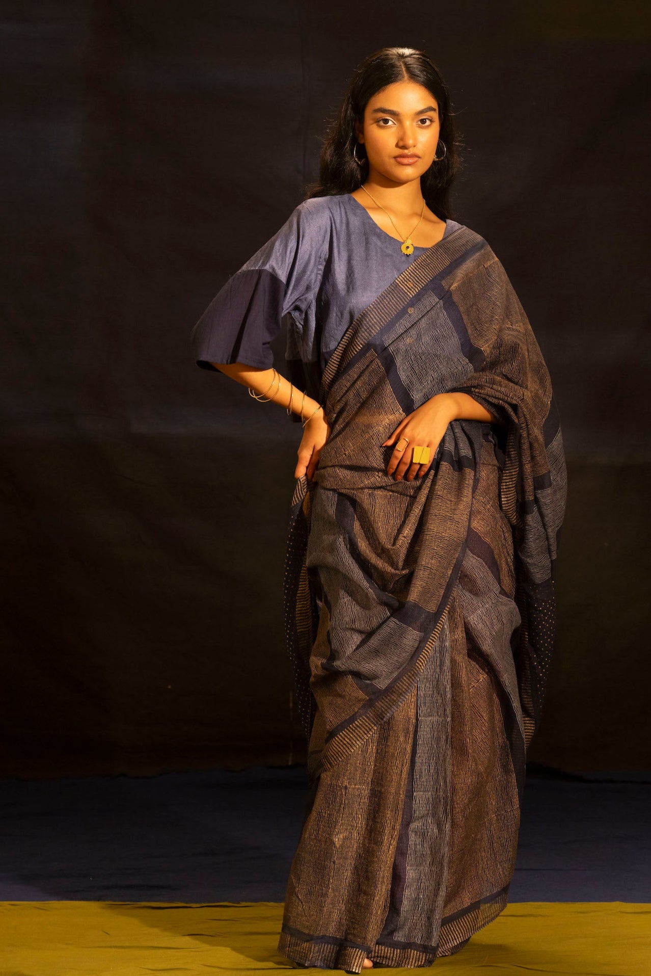 Illume Rivet Navy Saree with Handwoven Blouse
