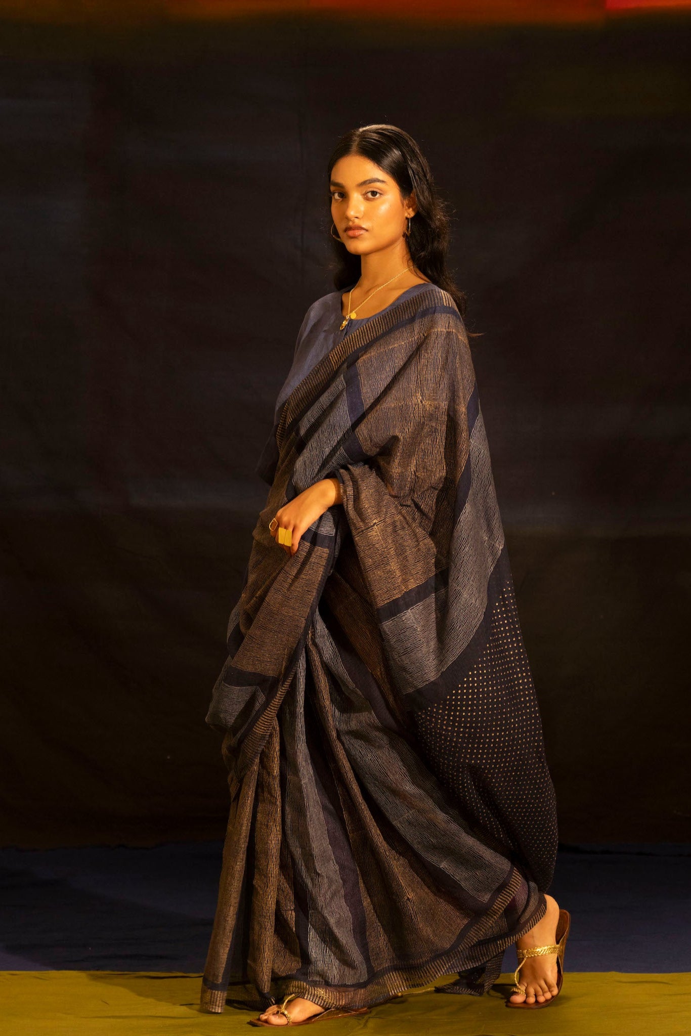 Illume Rivet Navy Saree with Handwoven Blouse