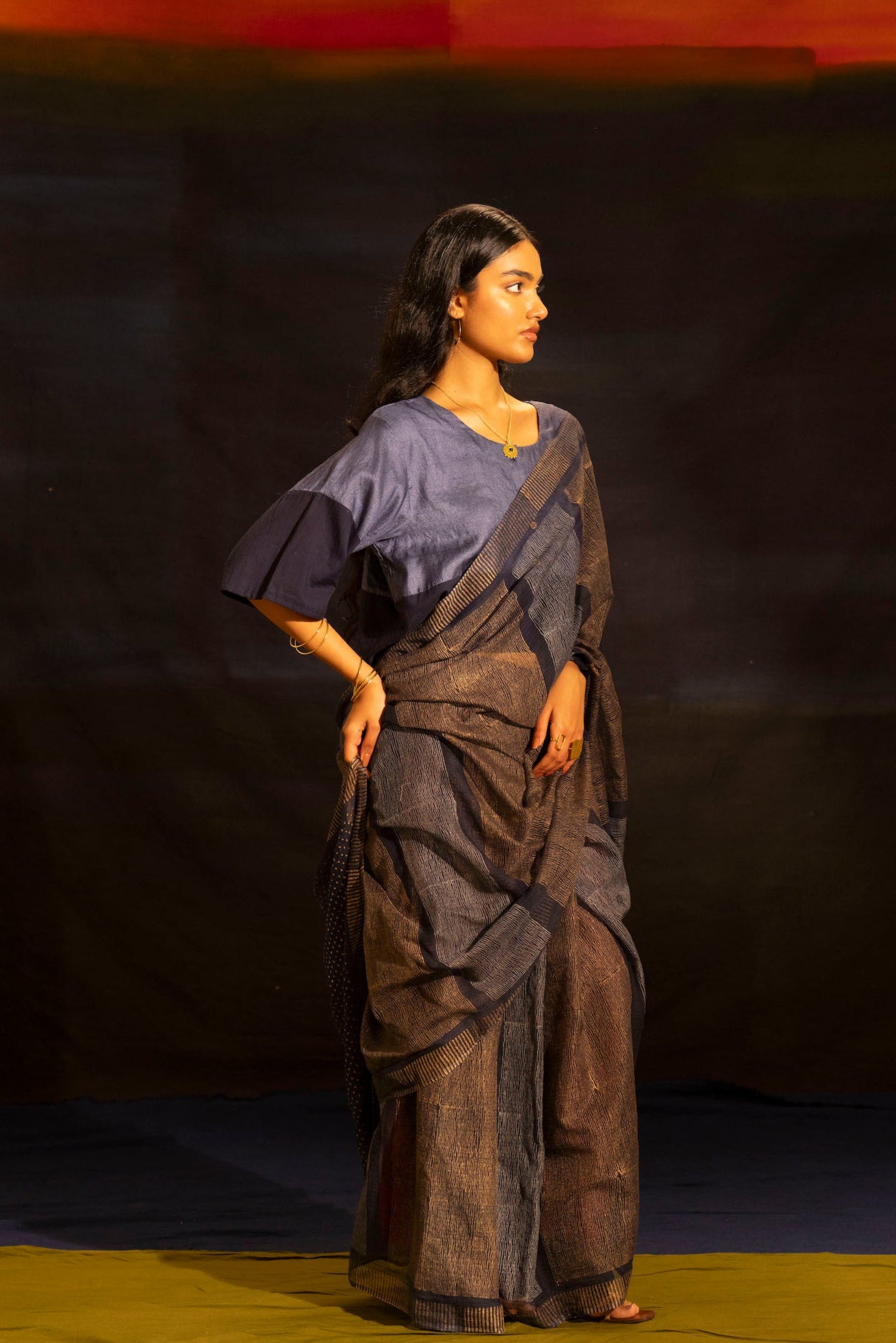 Illume Rivet Navy Saree with Handwoven Blouse