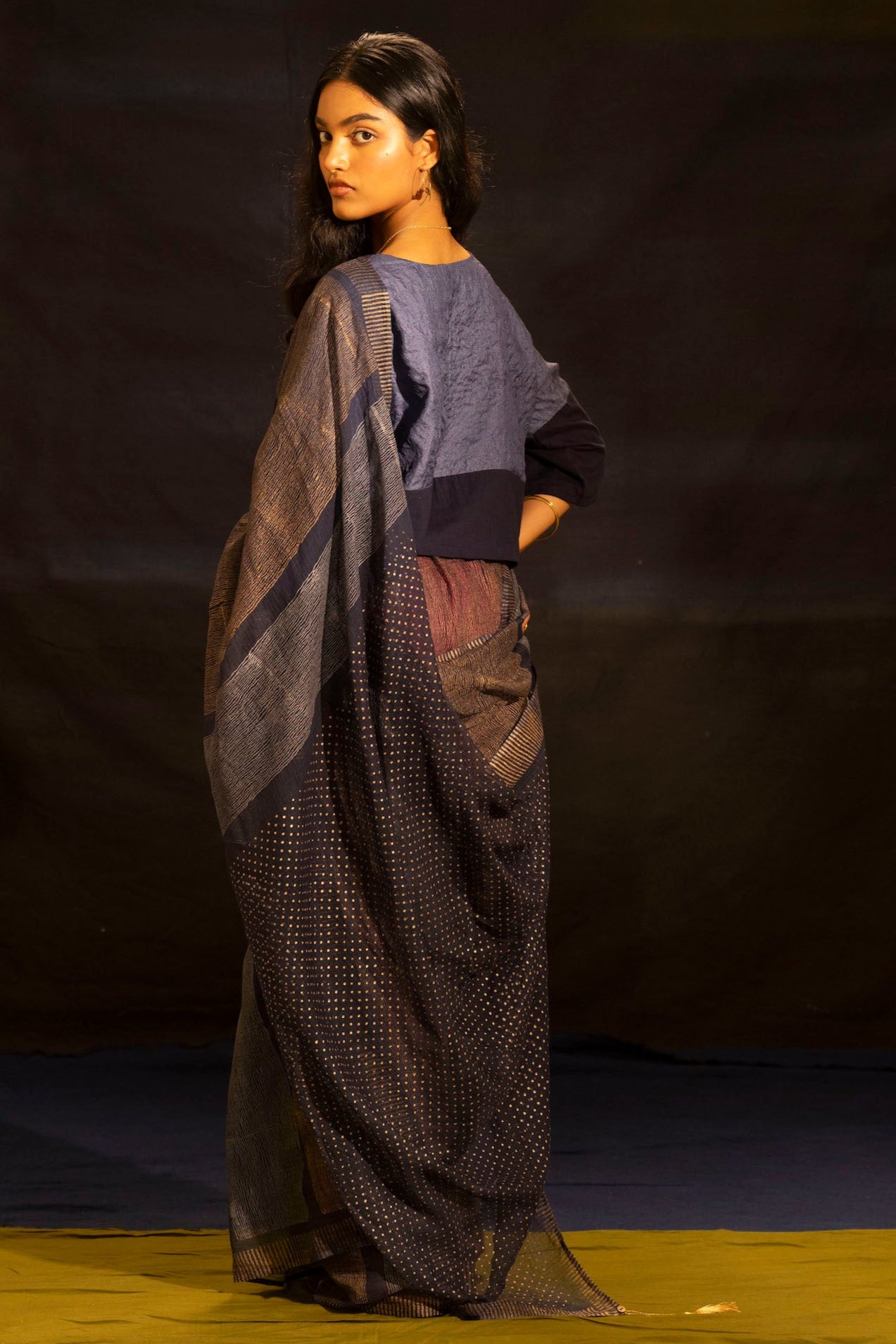 Illume Rivet Navy Saree with Handwoven Blouse