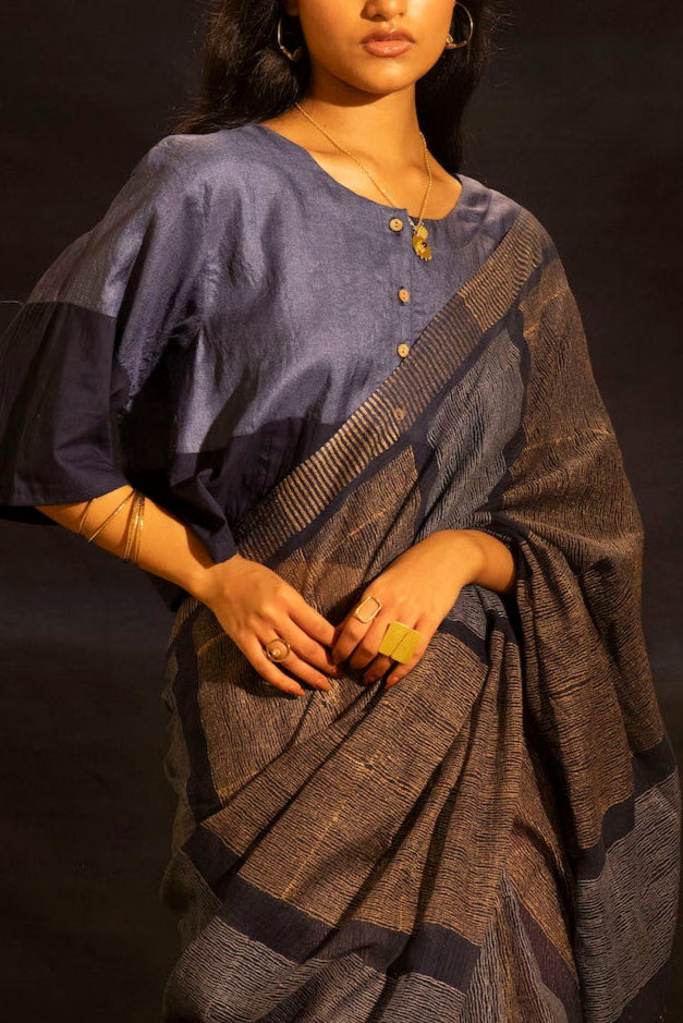 Illume Rivet Navy Saree with Handwoven Blouse