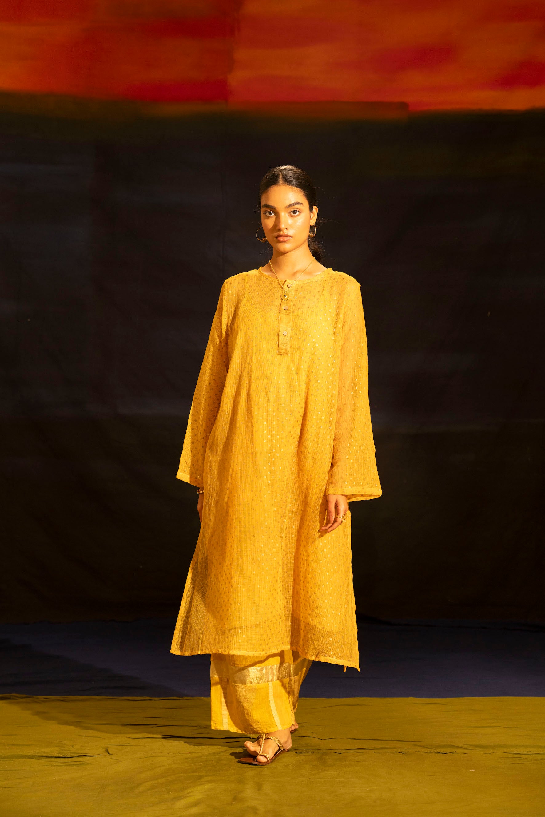 Illume Mustard Rivet Kota Kurta Set with Slip (Set of 3)