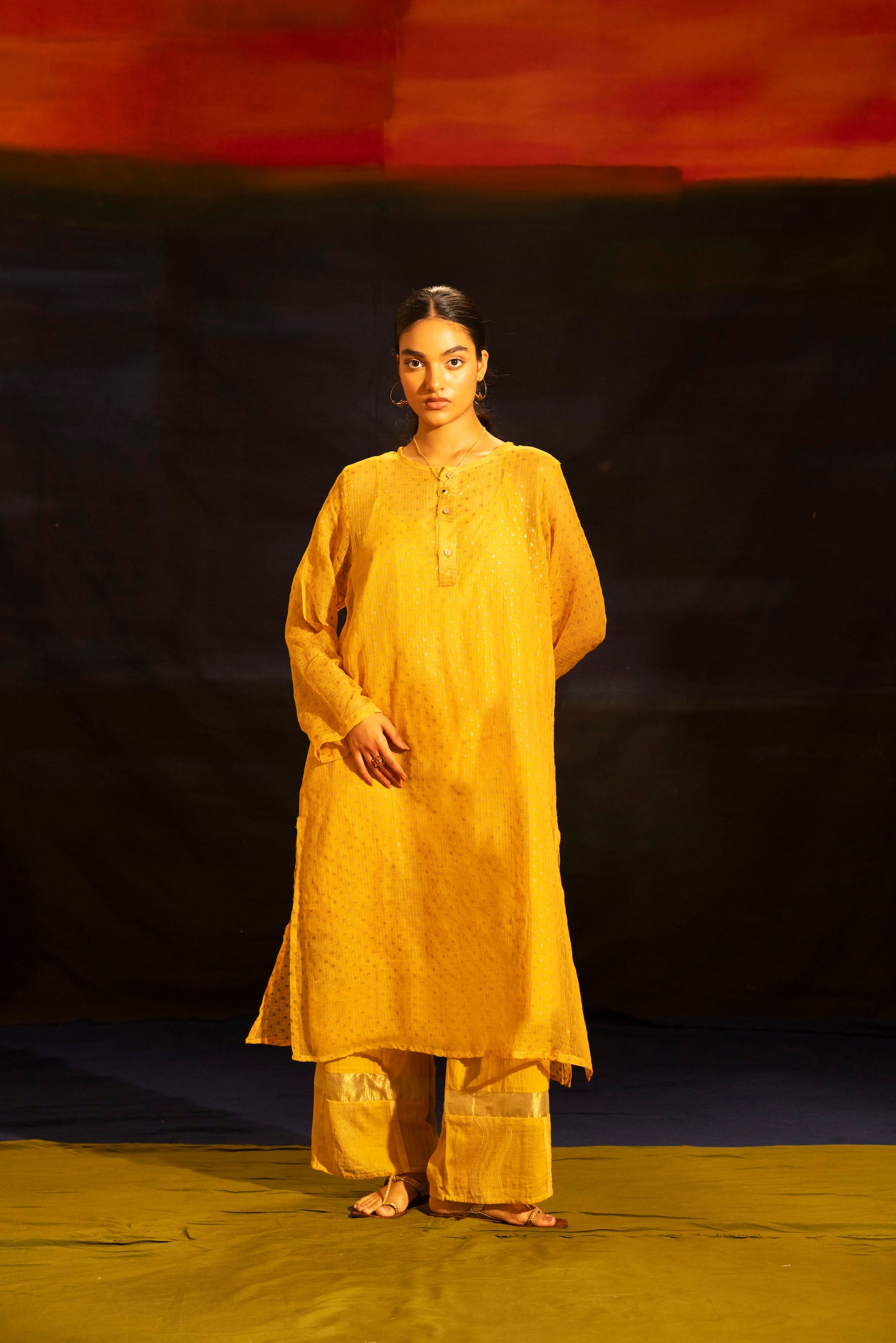 Illume Mustard Rivet Kota Kurta Set with Slip (Set of 3)