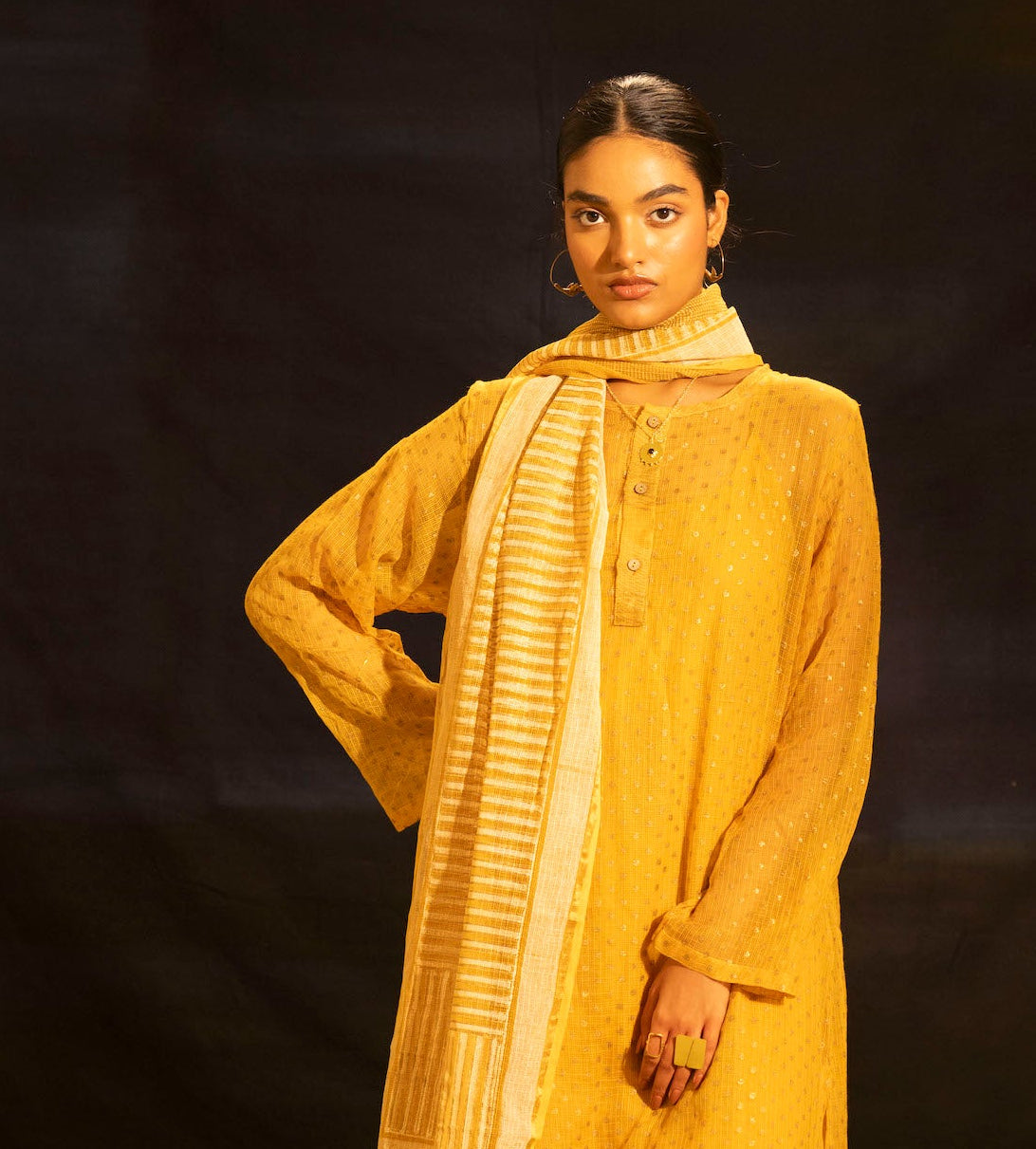 Illume Mustard Rivet Kota Kurta Set with Slip (Set of 3)