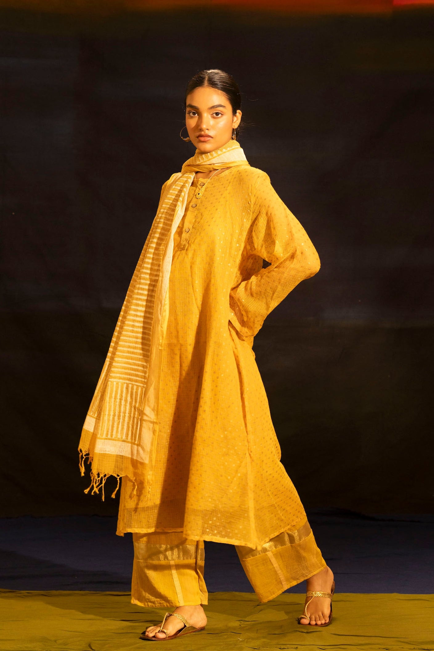 Illume Mustard Rivet Kota Kurta Set with Slip (Set of 3)