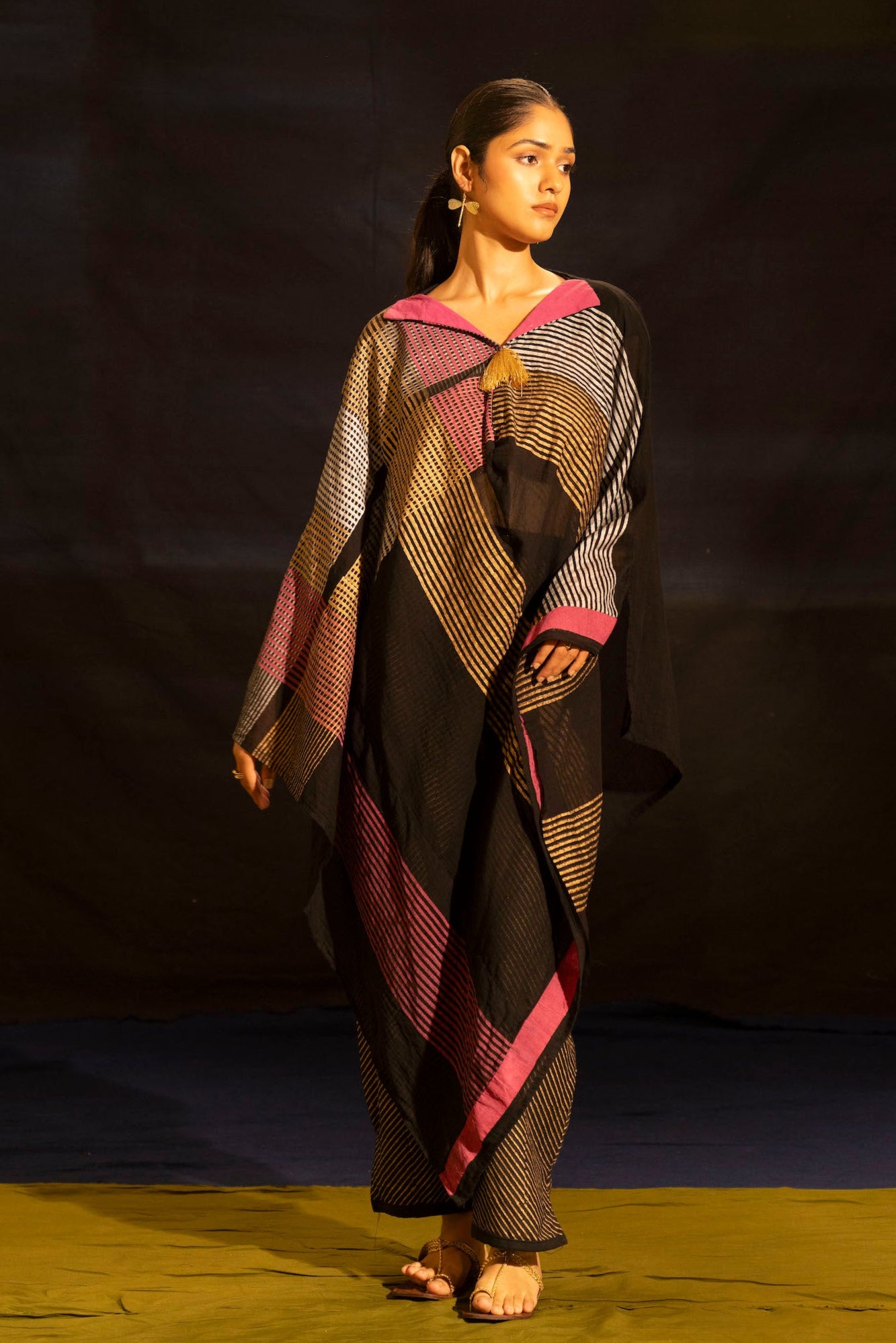 Illume Noir Pink Black Kaftan Coordinate with Slip (Set of 3)