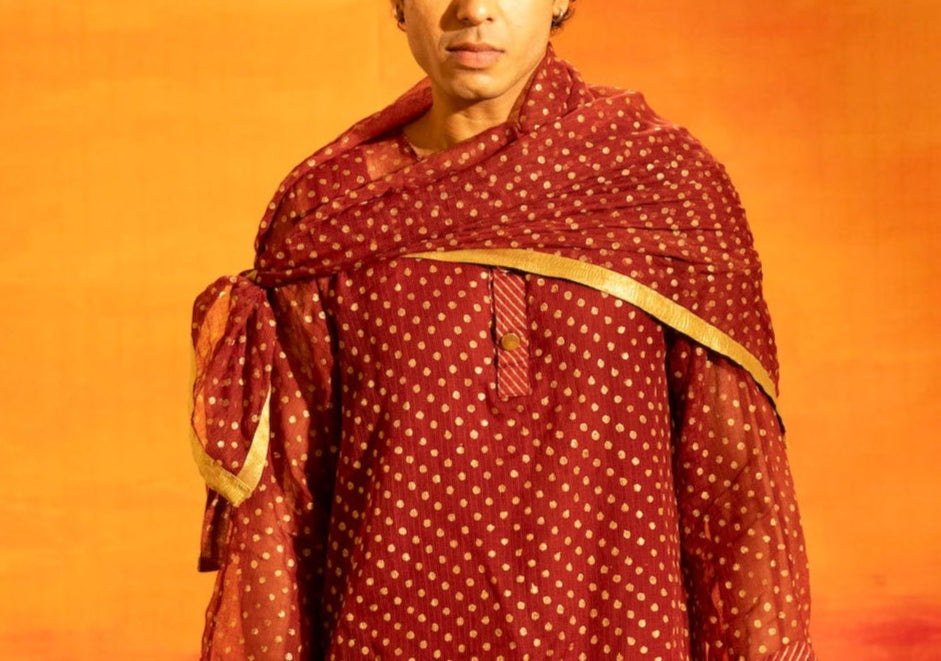 Illume Man Rivet Maroon Kota Kurta with lining