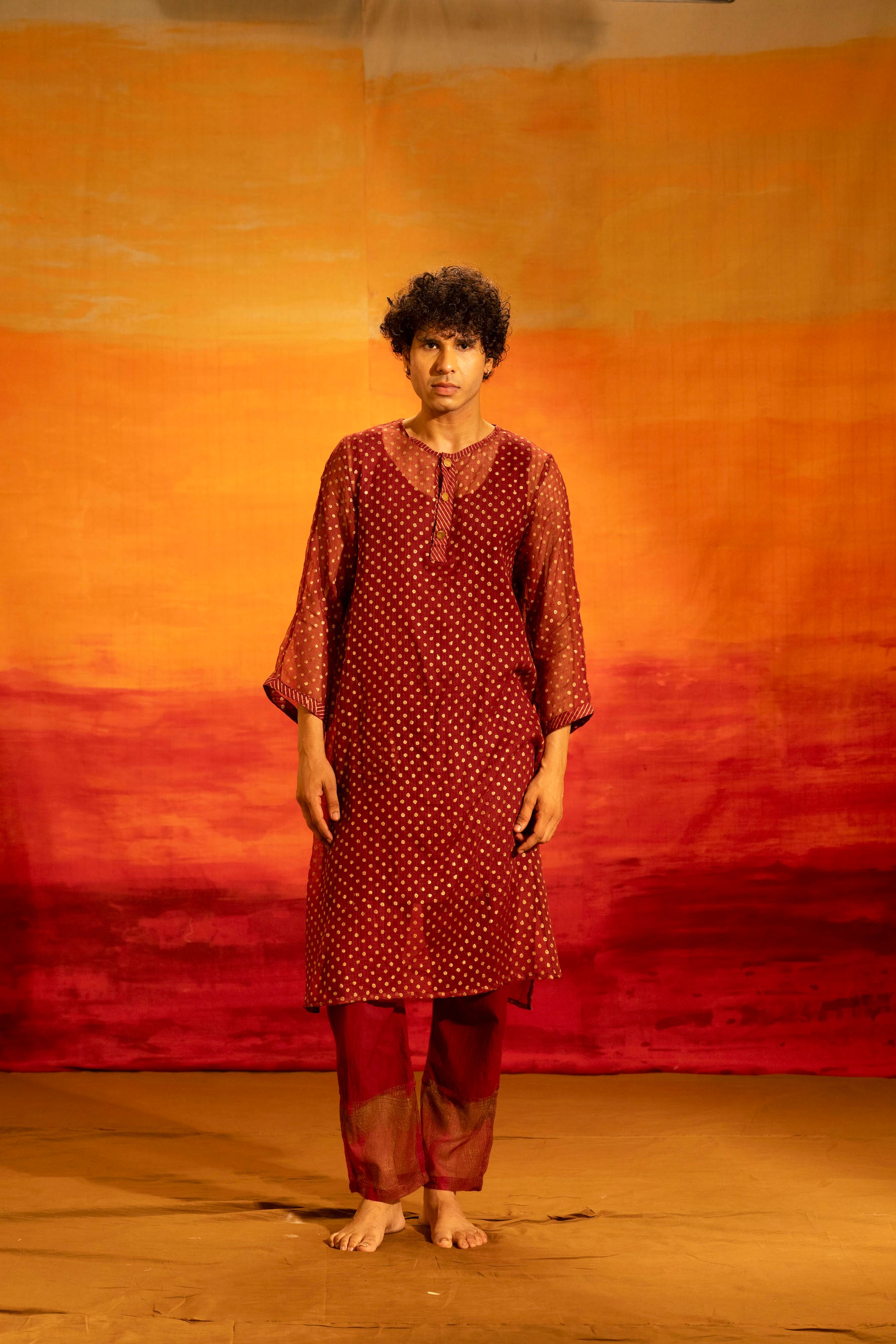 Illume Man Rivet Maroon Kota Kurta with lining
