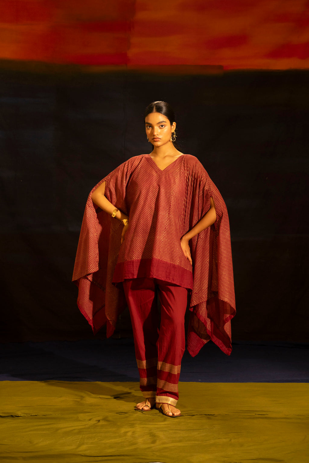 Illume Wind Slant Maroon Gold Kaftan
