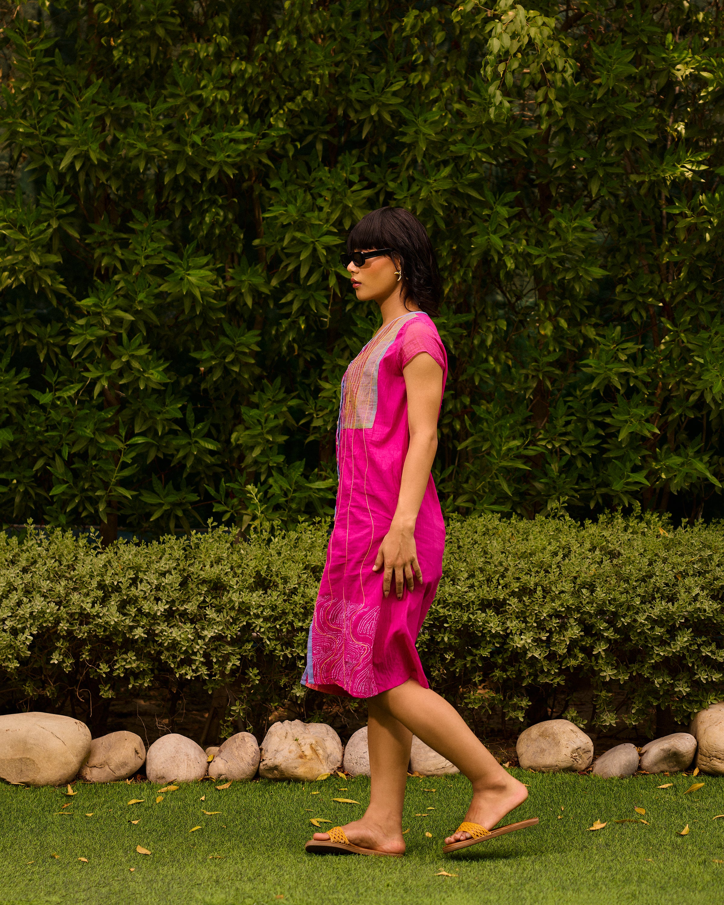 Weekend Patch Work Candy Pink V Neck Dress