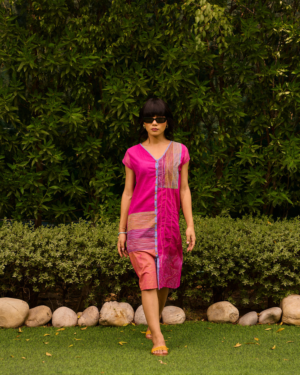 Weekend Patch Work Candy Pink V Neck Dress