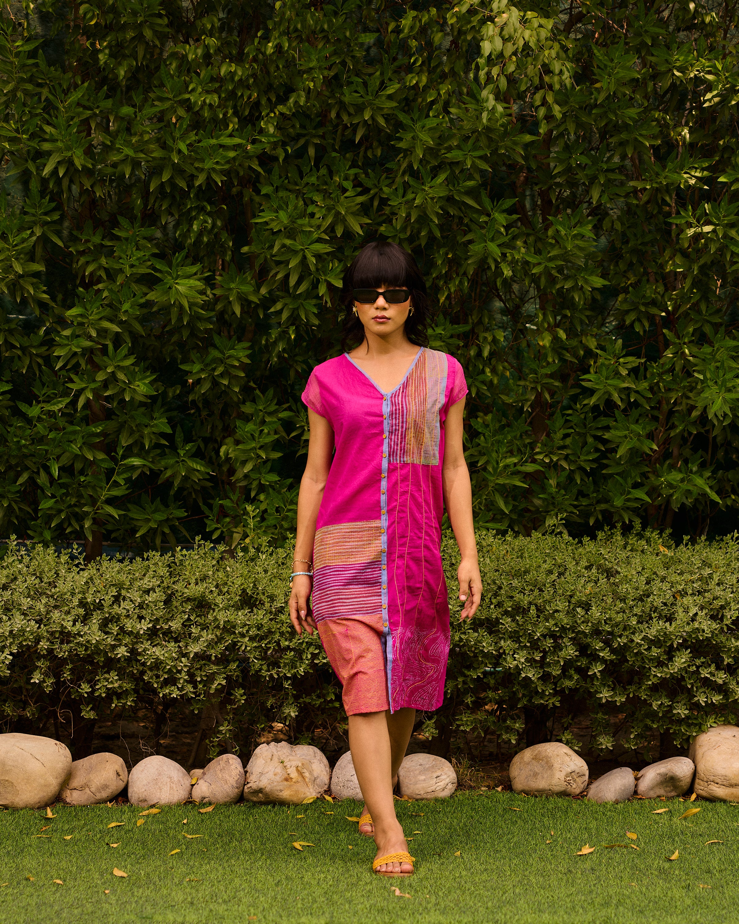 Weekend Patch Work Candy Pink V Neck Dress