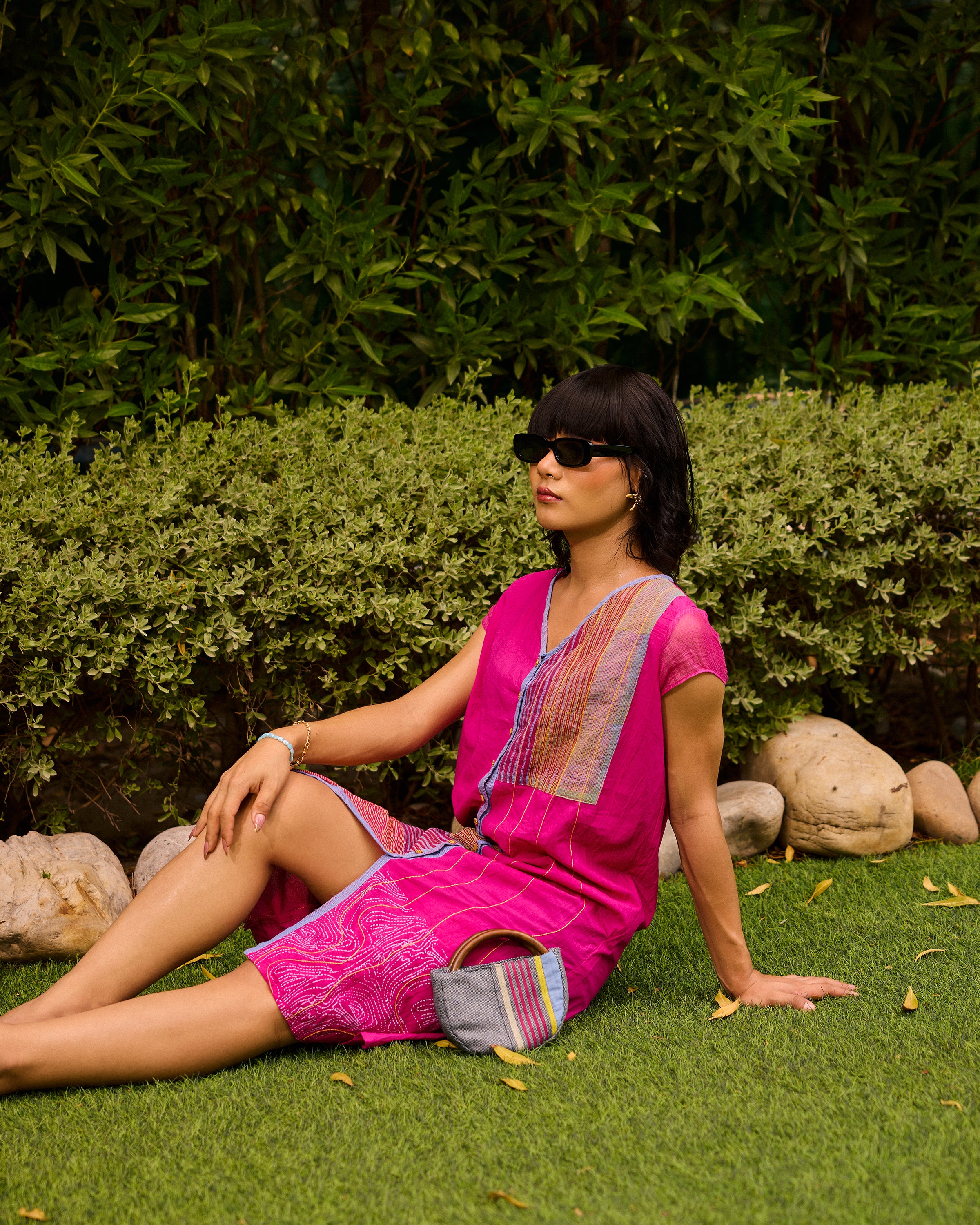 Weekend Patch Work Candy Pink V Neck Dress