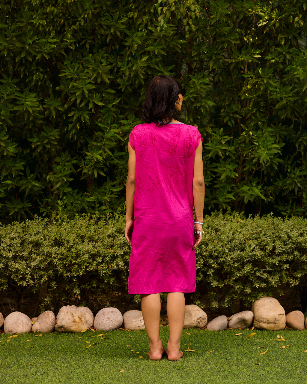 Weekend Patch Work Candy Pink V Neck Dress