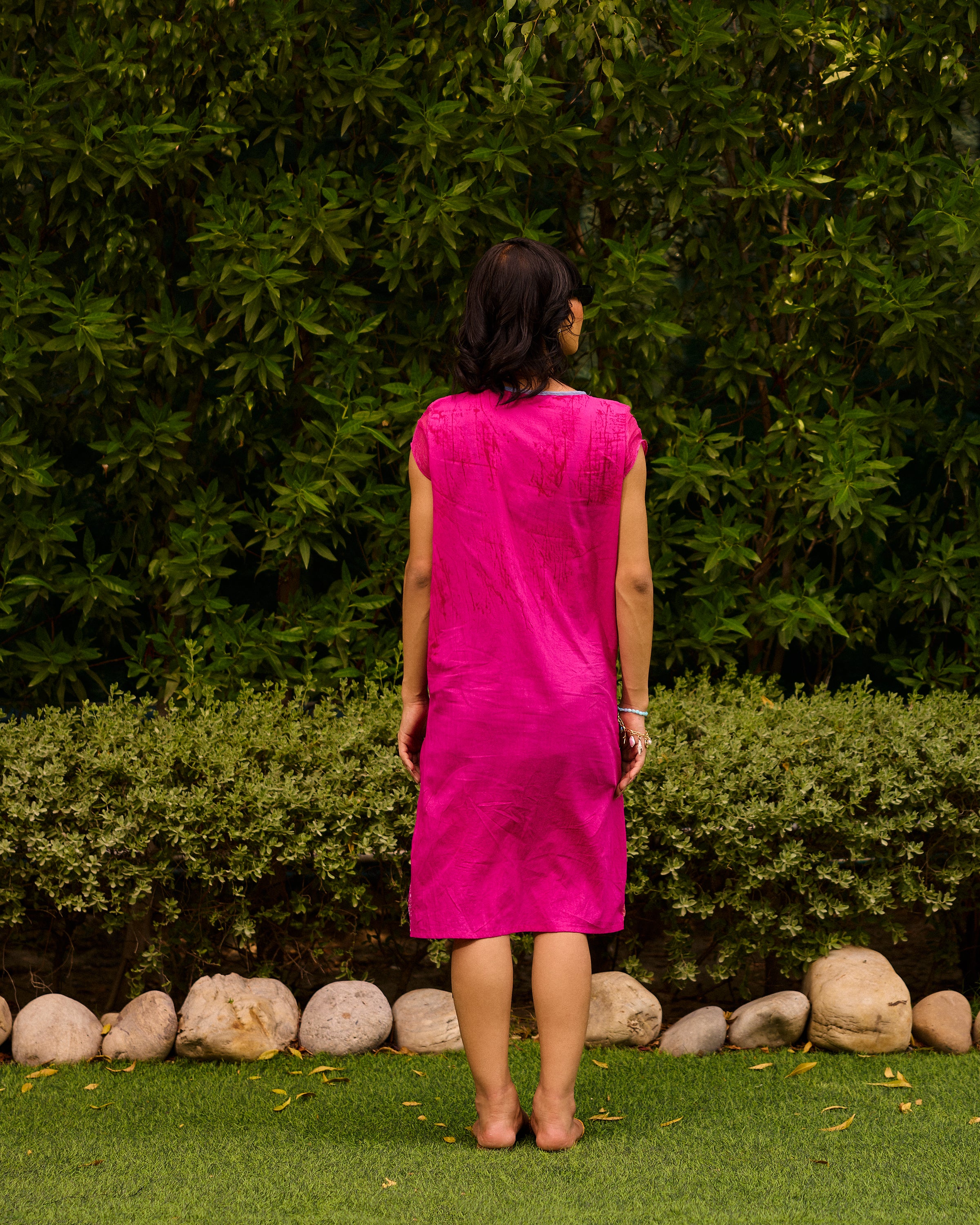 Weekend Patch Work Candy Pink V Neck Dress