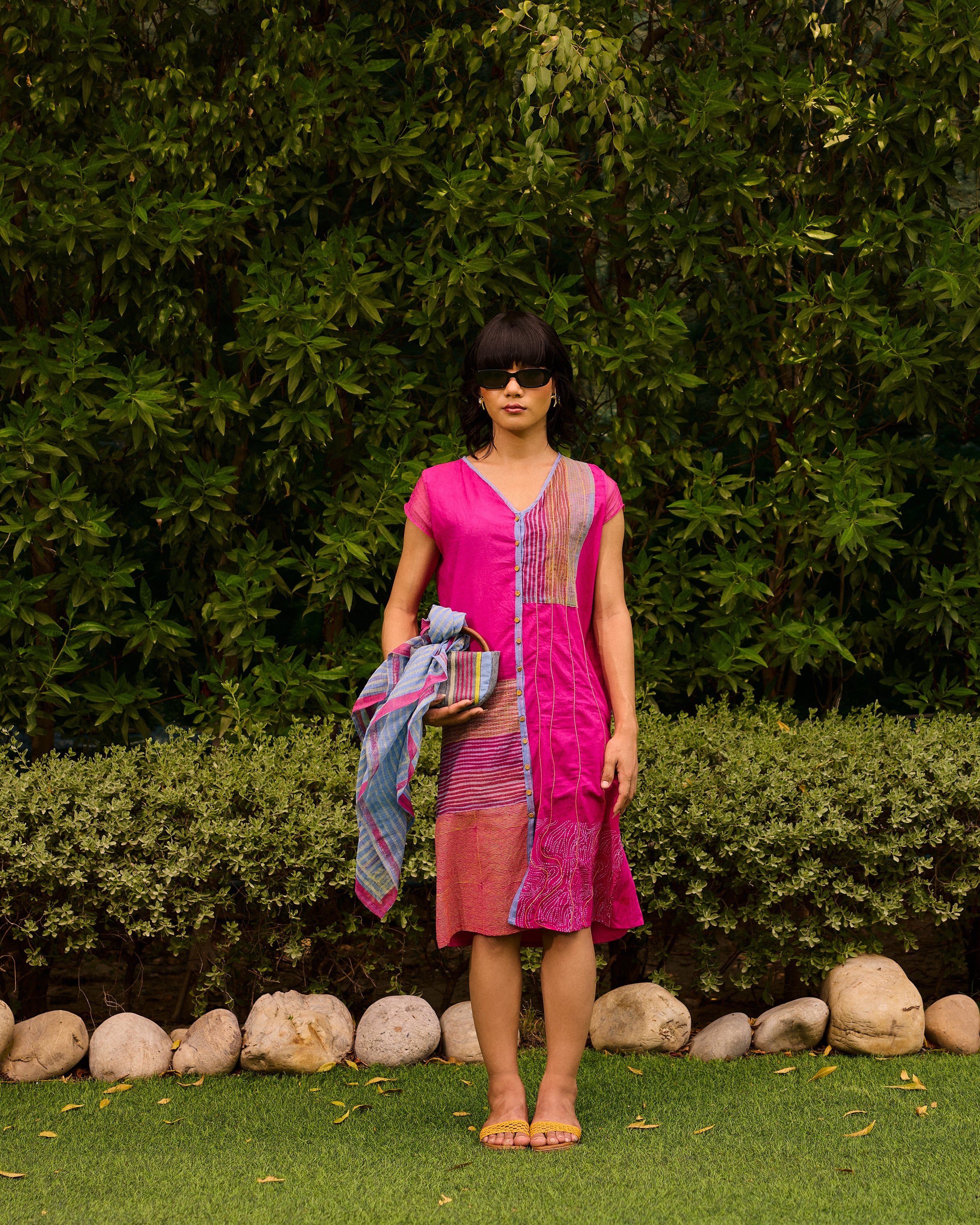Weekend Patch Work Candy Pink V Neck Dress