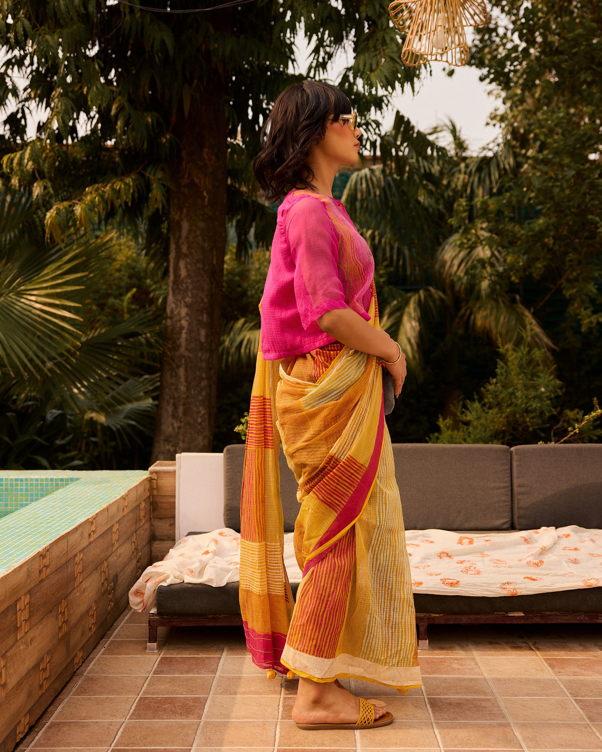 Weekend Kota Doria Butter Yellow Saree With Blouse