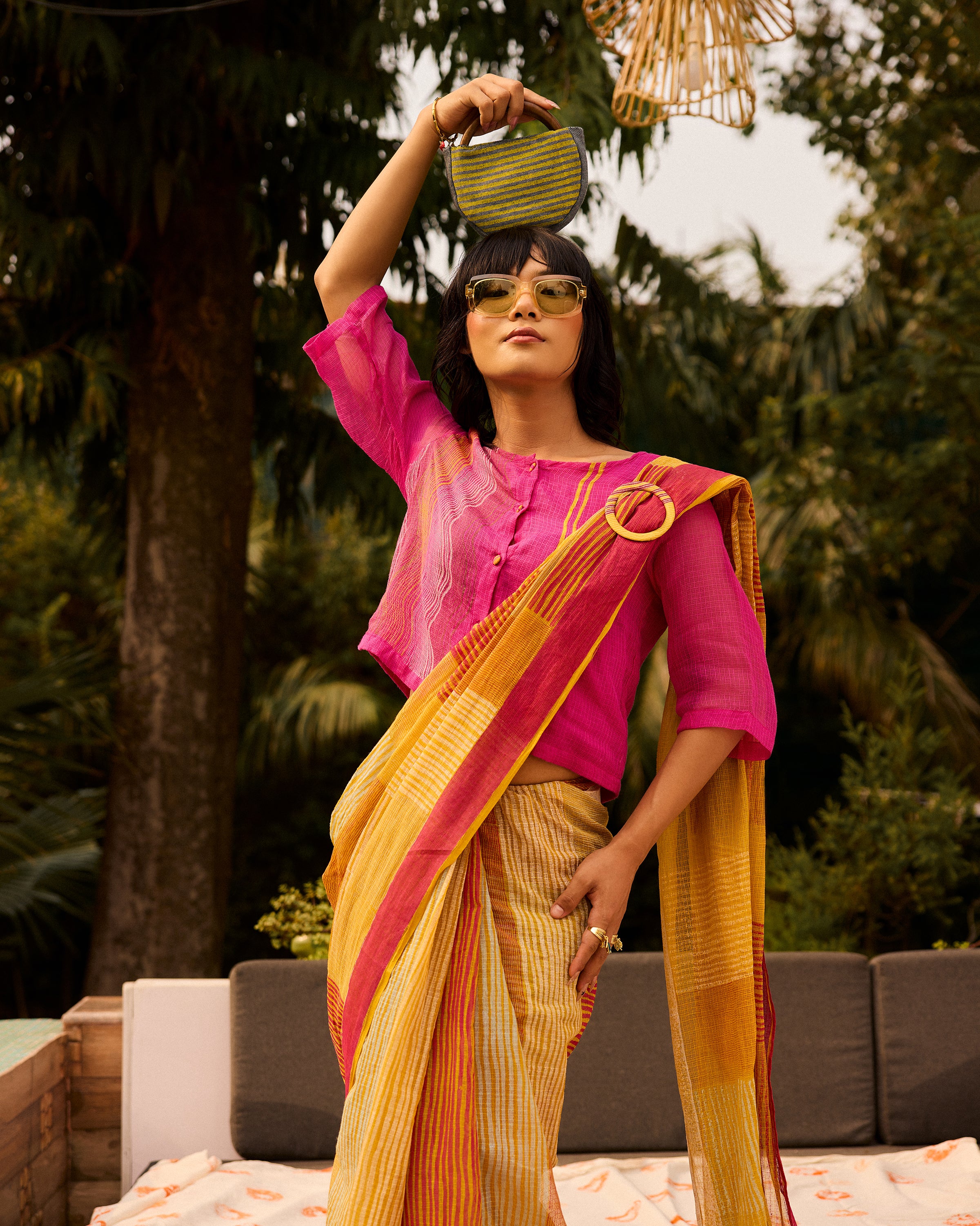 Weekend Kota Doria Butter Yellow Saree With Blouse