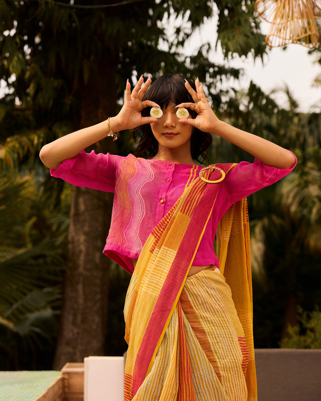 Weekend Kota Doria Butter Yellow Saree With Blouse