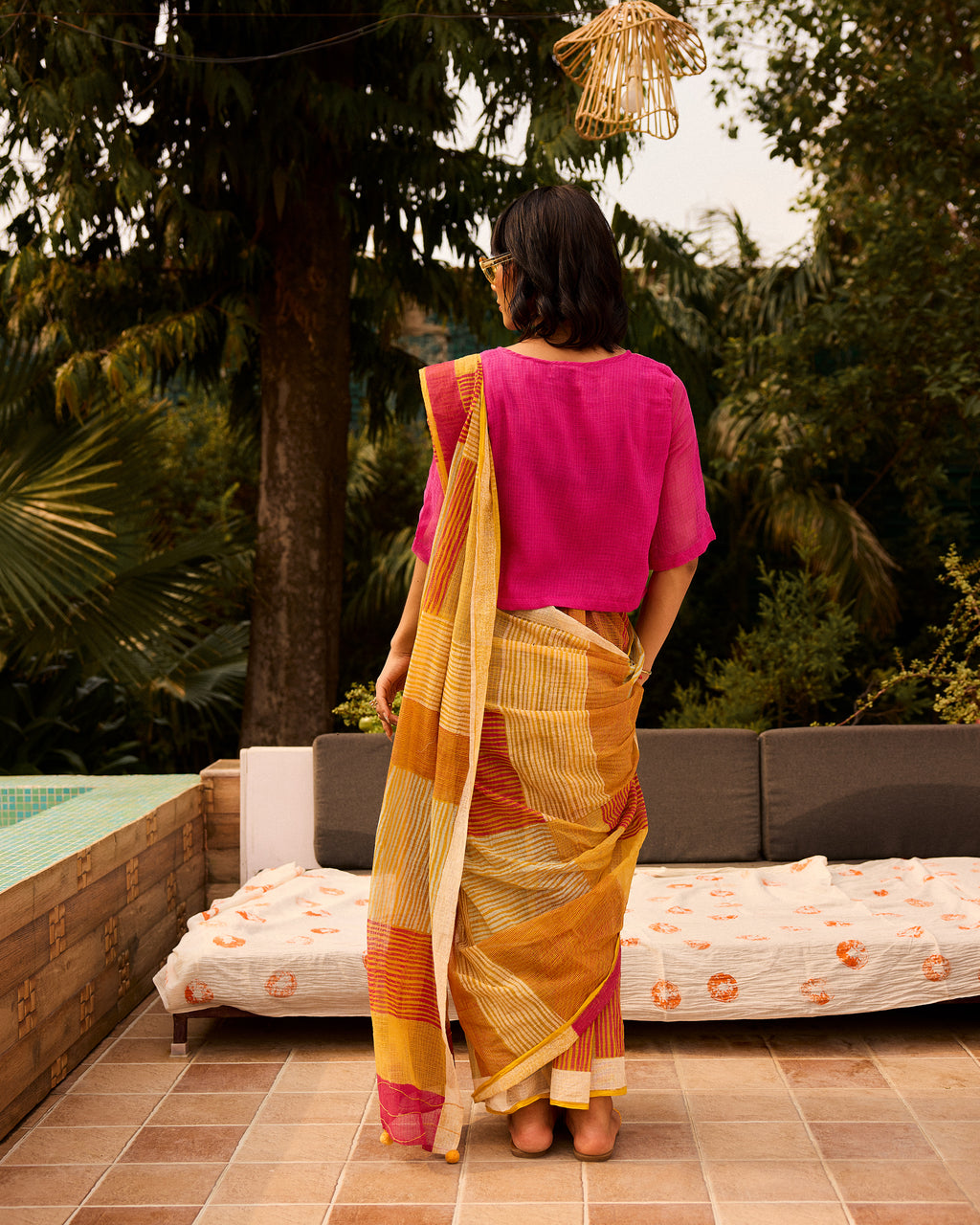Weekend Kota Doria Butter Yellow Saree With Blouse