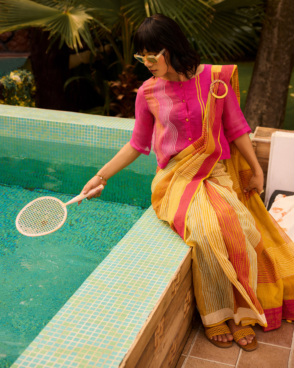 Weekend Kota Doria Butter Yellow Saree With Blouse