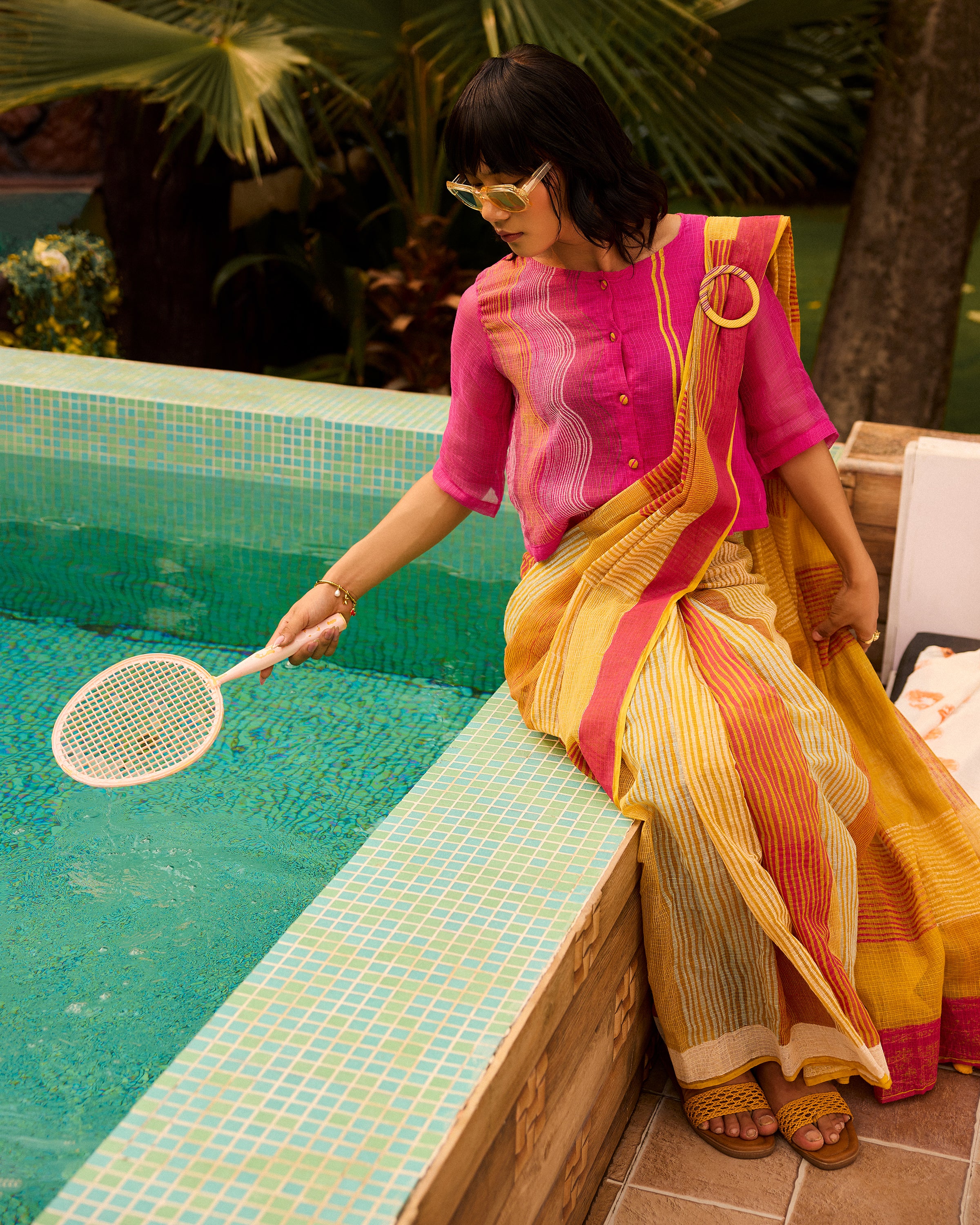 Weekend Kota Doria Butter Yellow Saree With Blouse