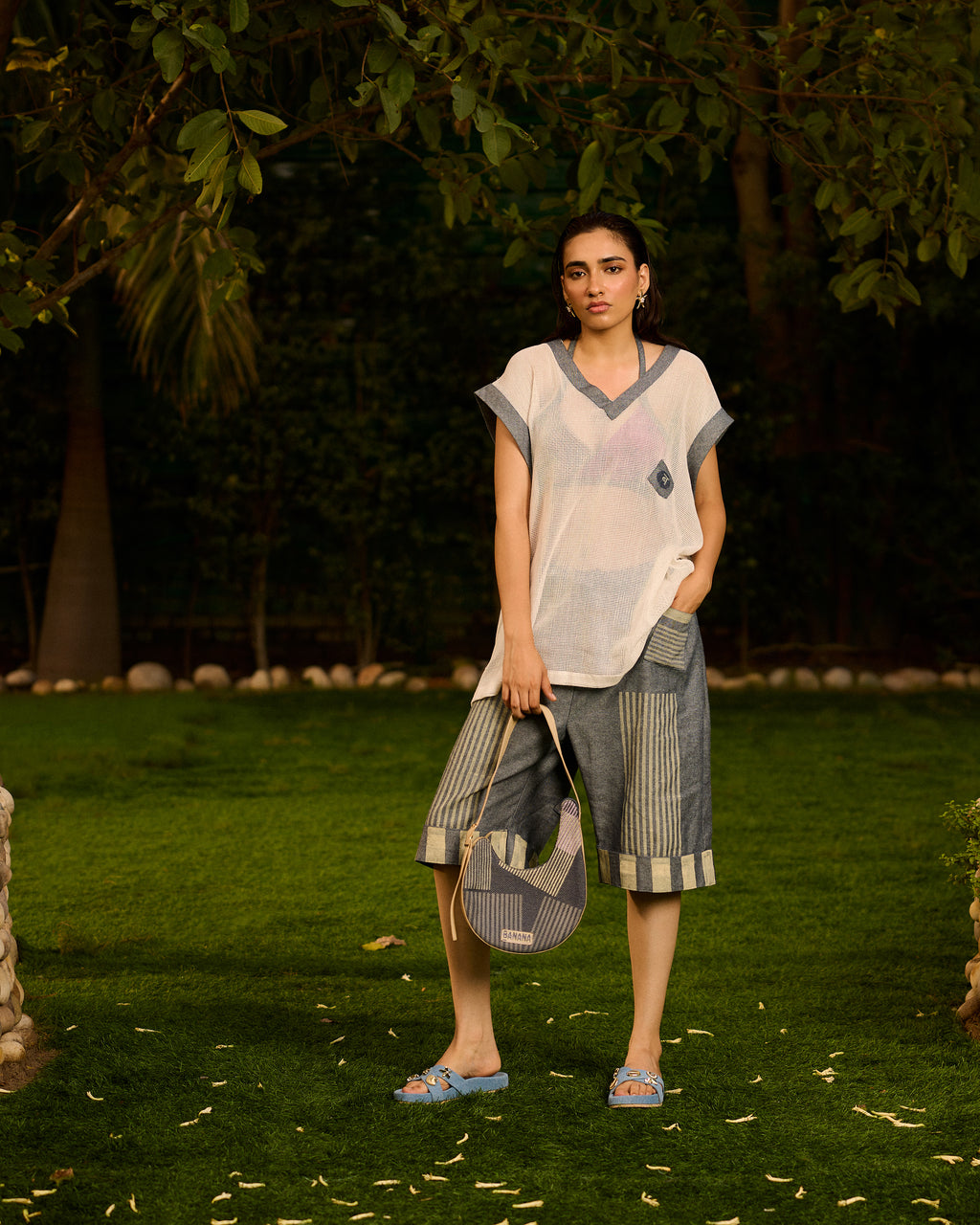 Weekend Marble White Mesh T-shirt With Denim Capri