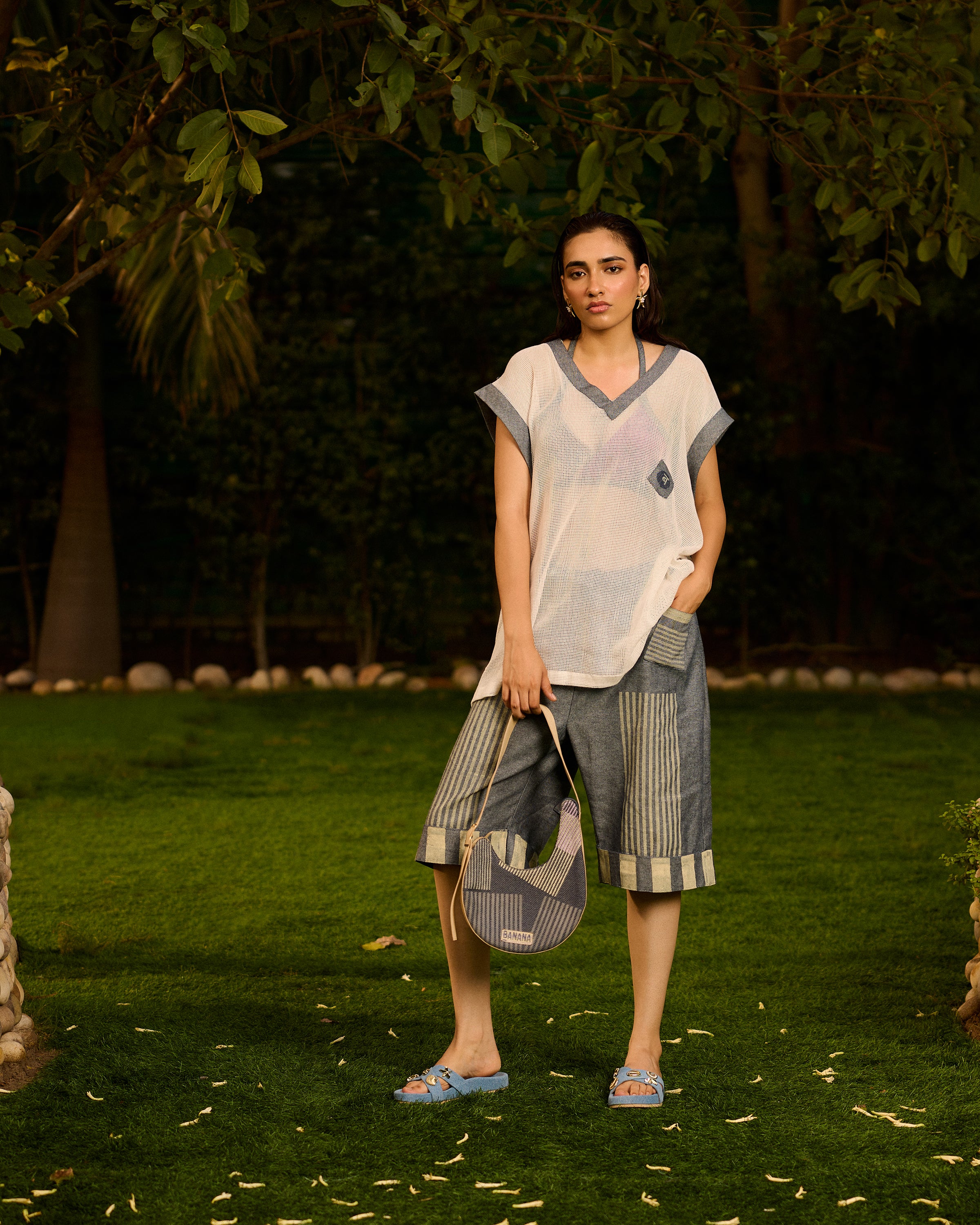 Weekend Marble White Mesh T-shirt With Denim Capri