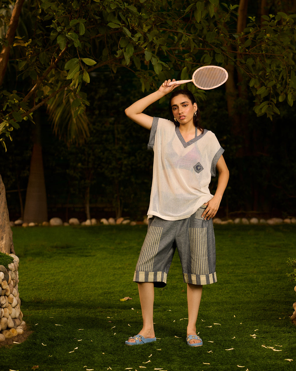 Weekend Marble White Mesh T-shirt With Denim Capri