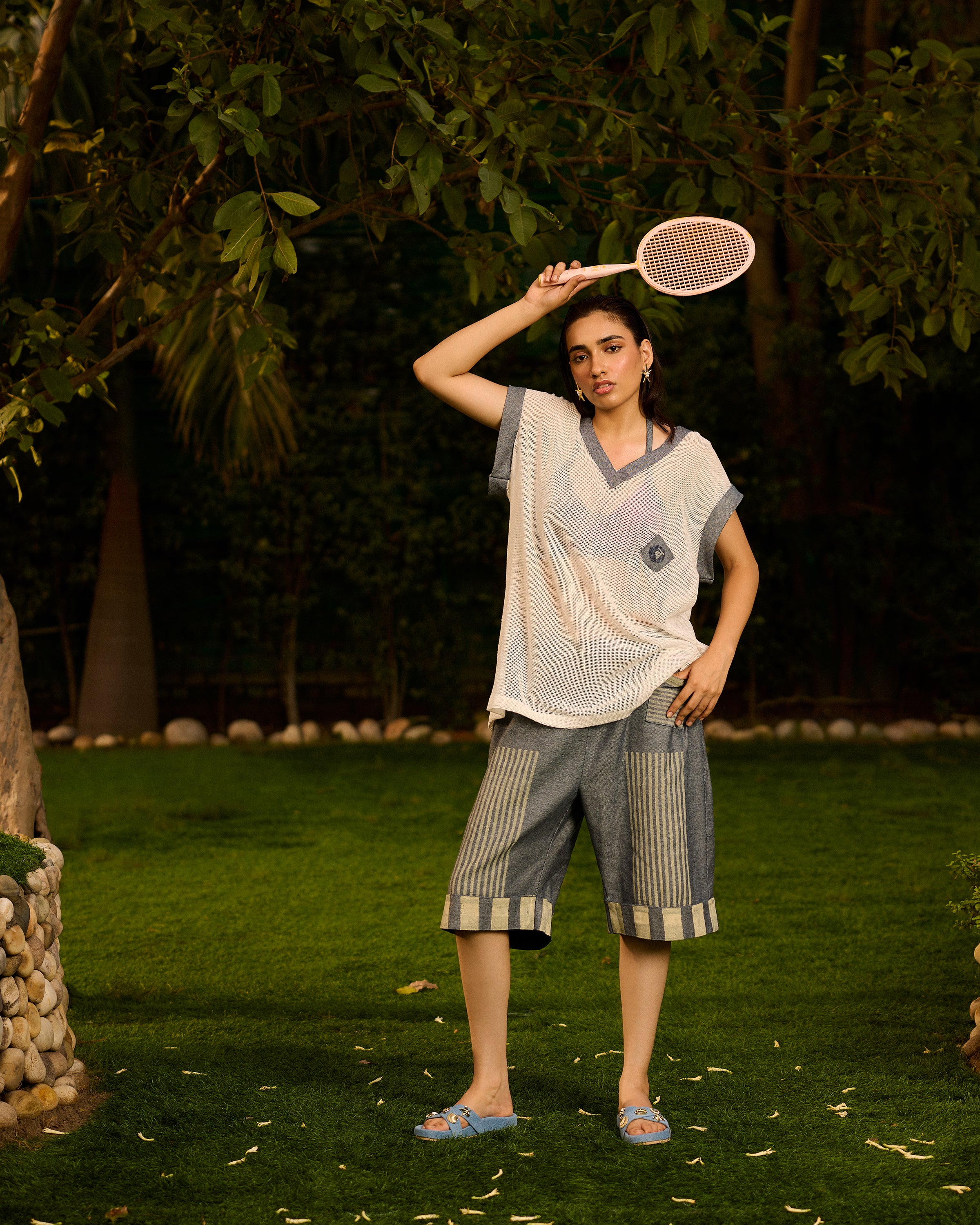 Weekend Marble White Mesh T-shirt With Denim Capri