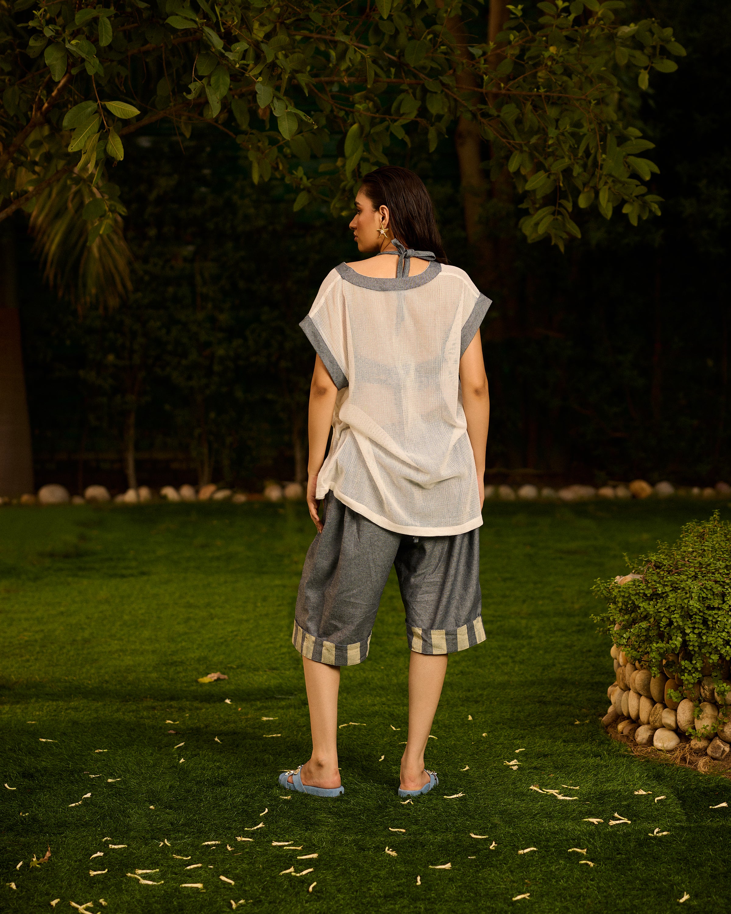 Weekend Marble White Mesh T-shirt With Denim Capri