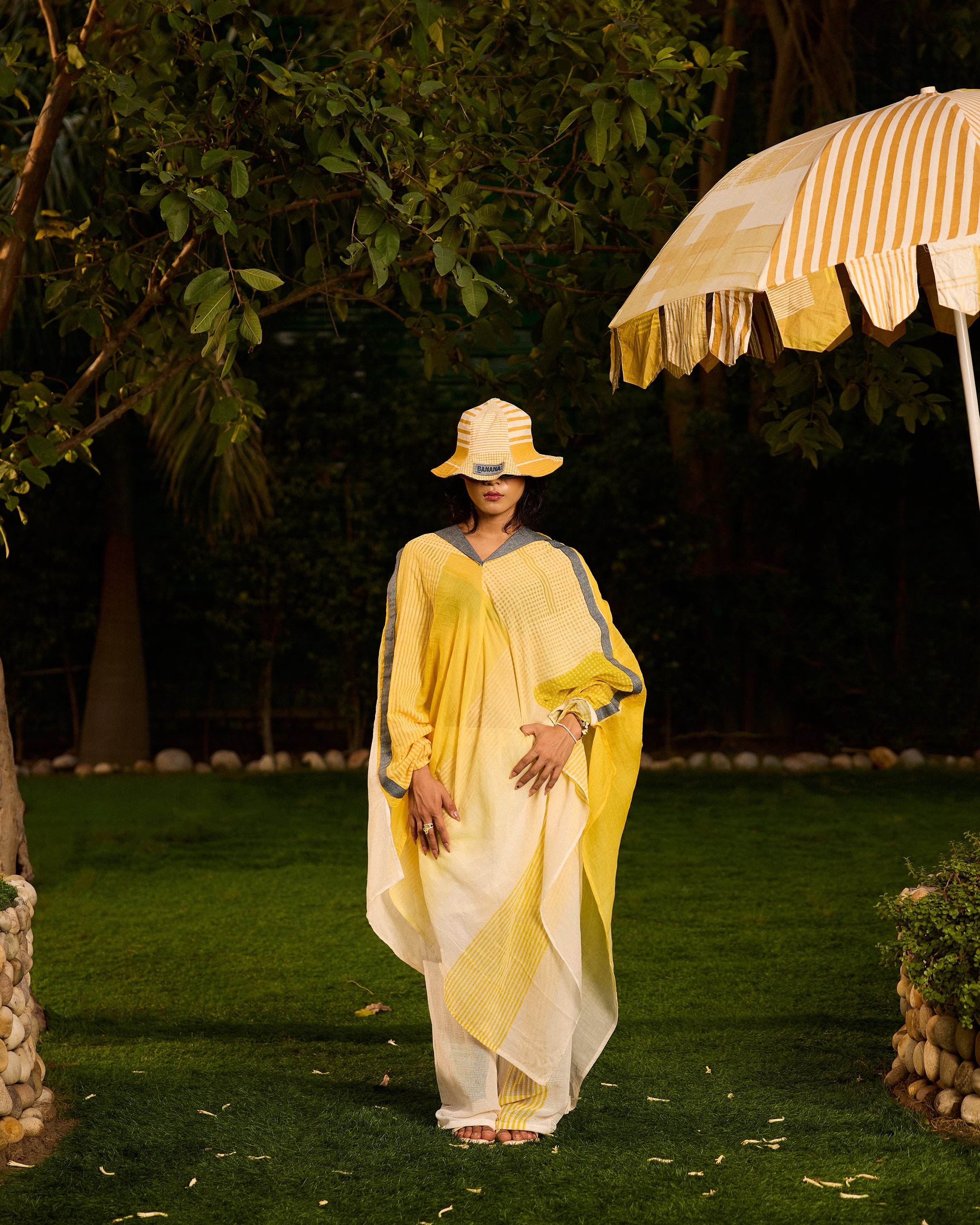 Weekend Butter Ombre Mul Yellow Kaftan and Pants Set with Slip (Set of 2)