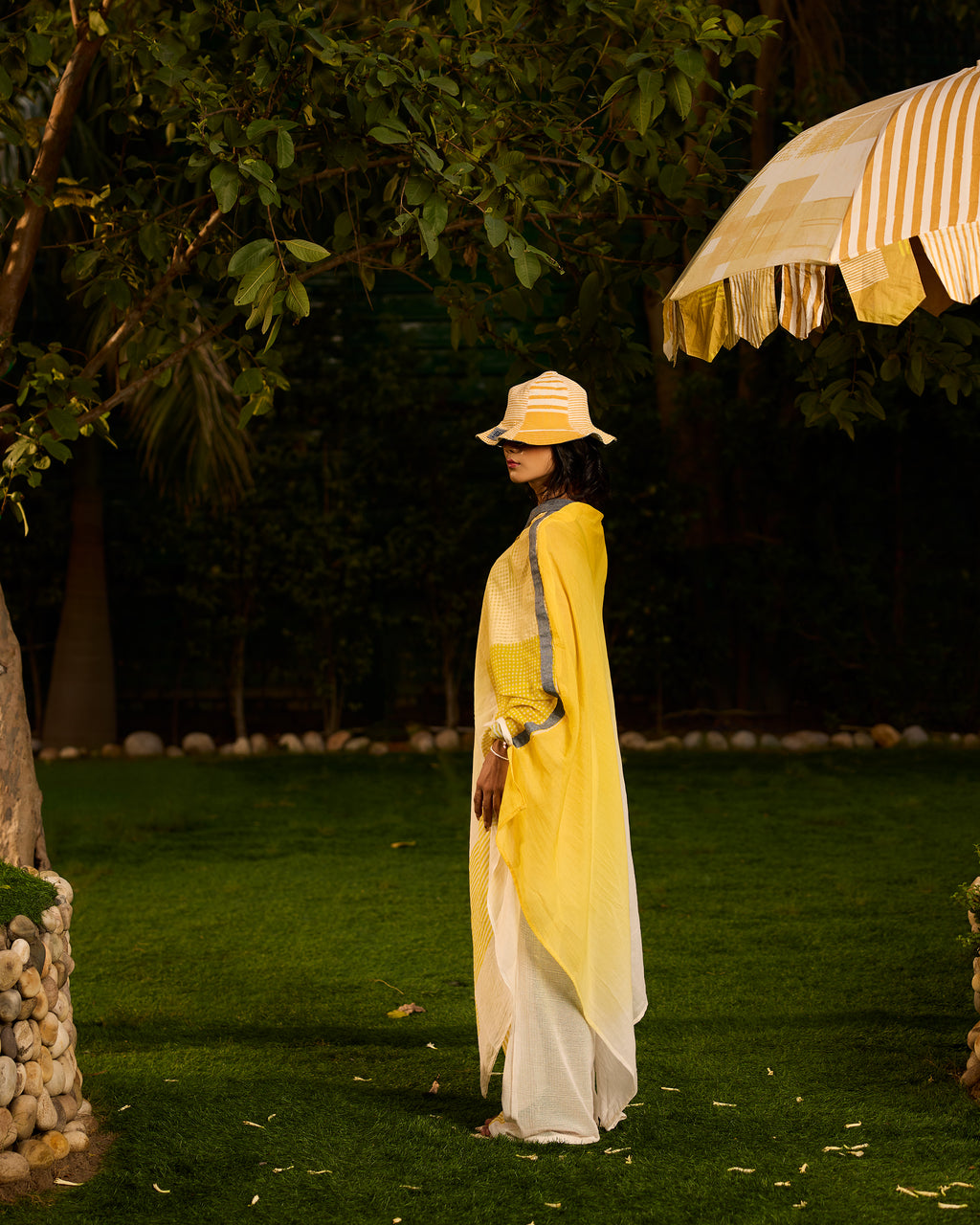 Weekend Butter Ombre Mul Yellow Kaftan and Pants Set with Slip (Set of 2)
