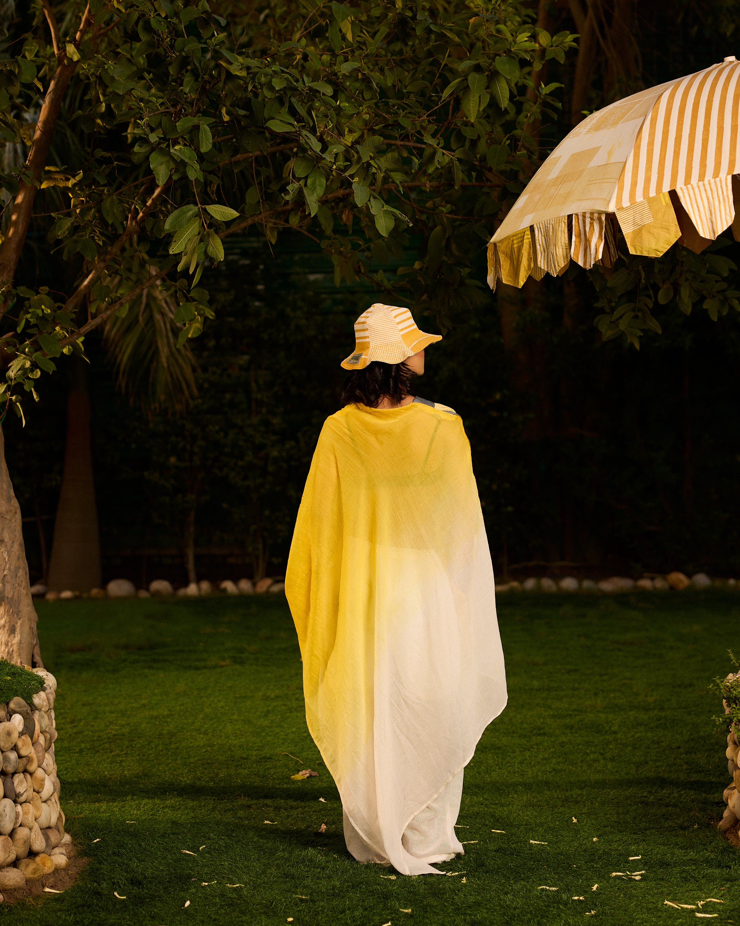 Weekend Butter Ombre Mul Yellow Kaftan and Pants Set with Slip (Set of 2)