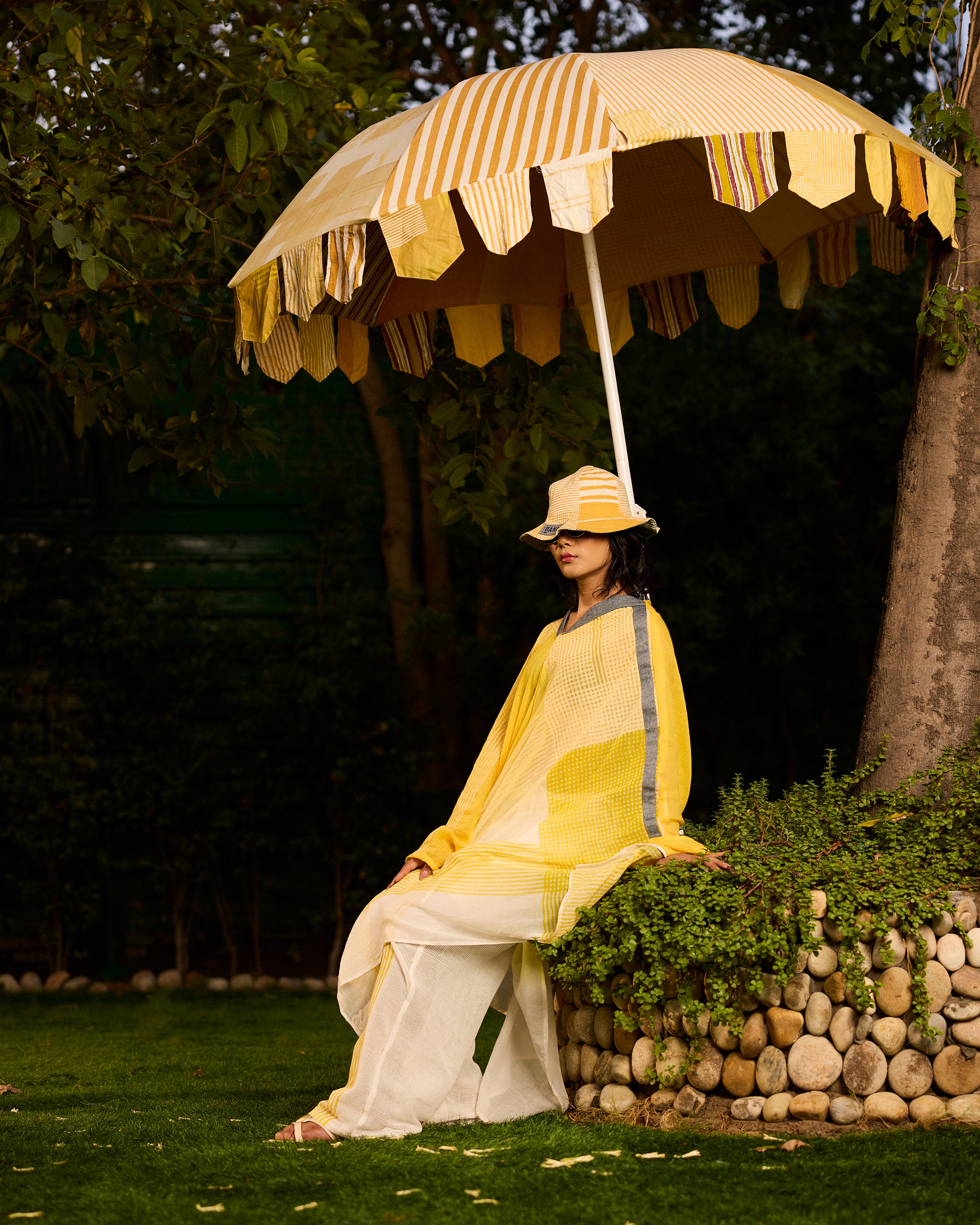 Weekend Butter Ombre Mul Yellow Kaftan and Pants Set with Slip (Set of 2)
