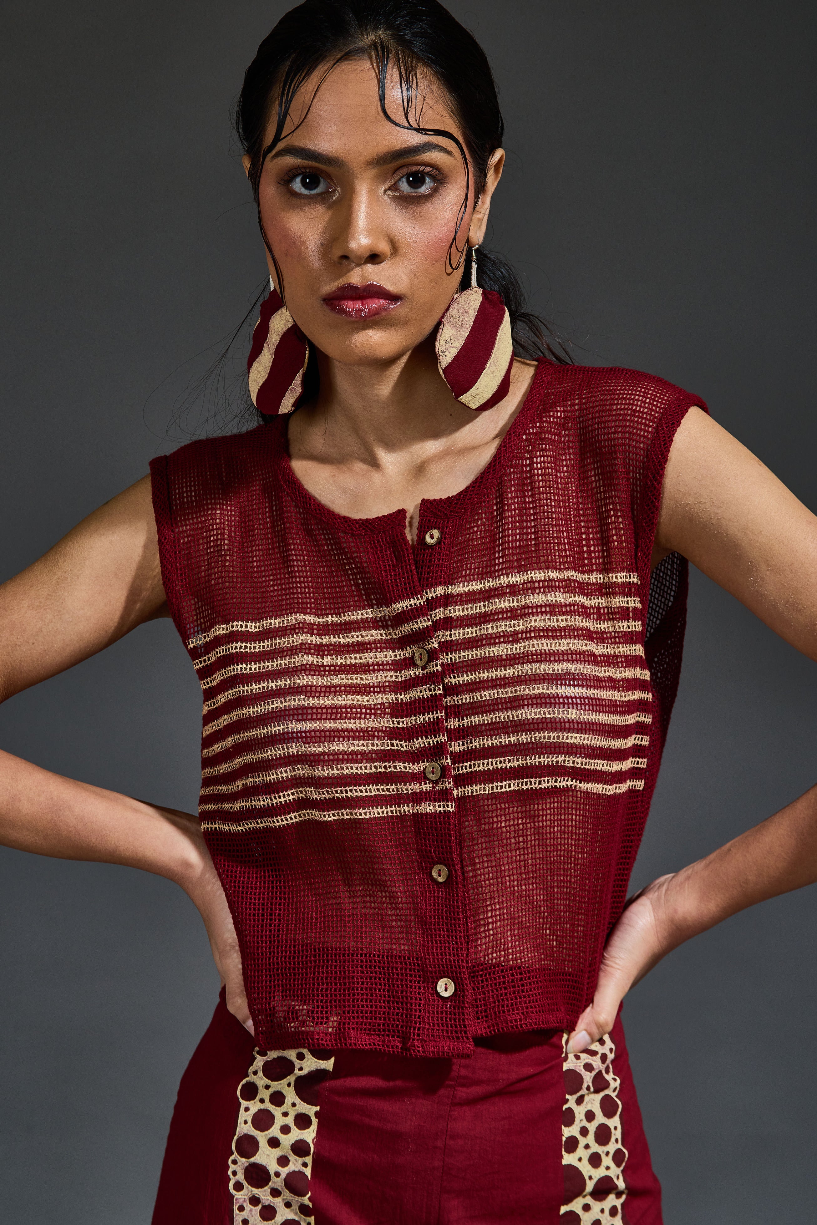 Crater Maroon Mesh Crop Top Coordinate (Set of 2)