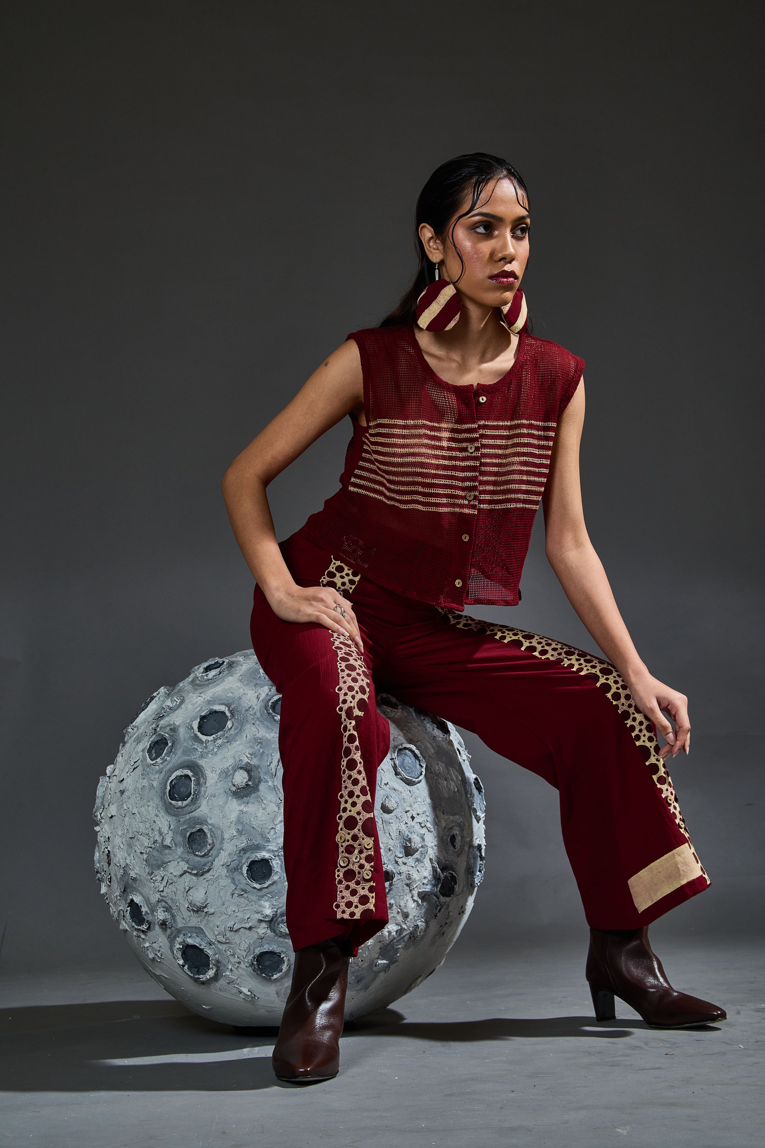 Crater Maroon Mesh Crop Top Coordinate (Set of 2)