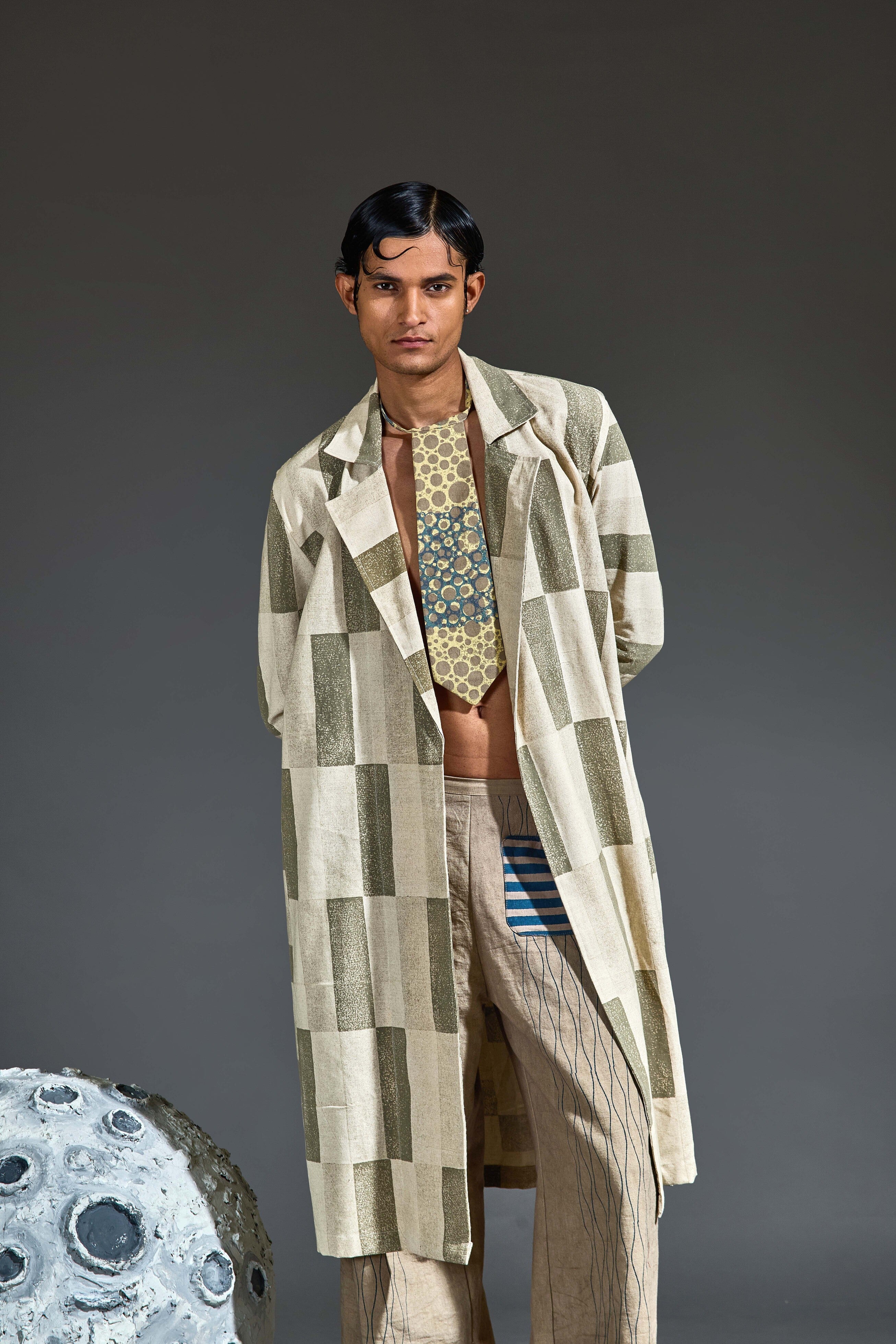 Crater Man Grey Block Trench Coat