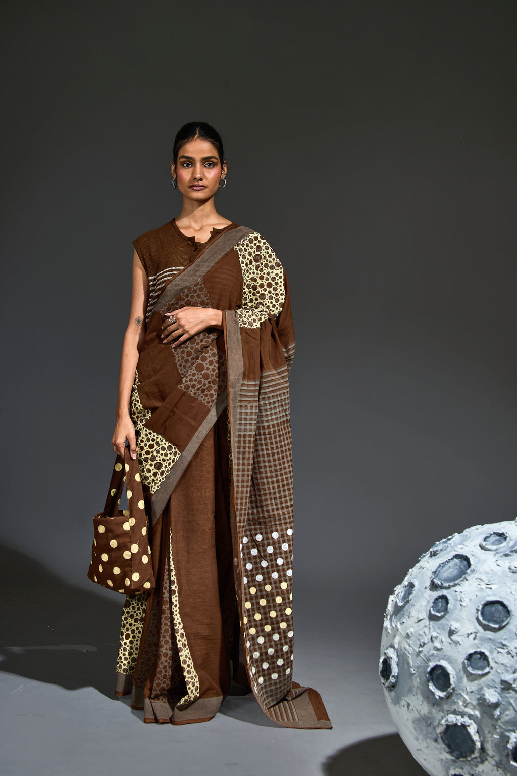 Crater Bronze Saree with Mesh Blouse ( Set of 2)