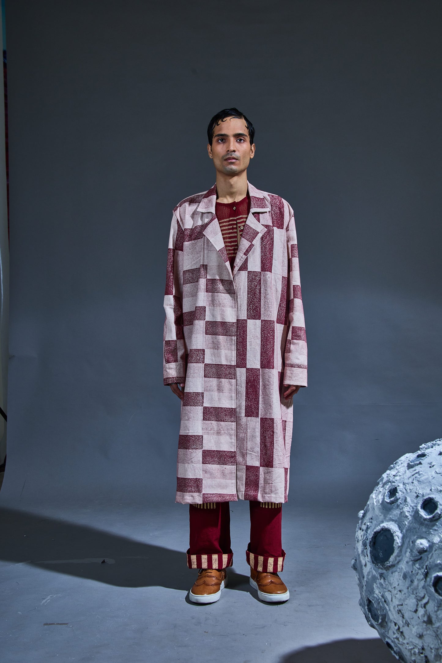 Crater Man Maroon Block Trench Coat