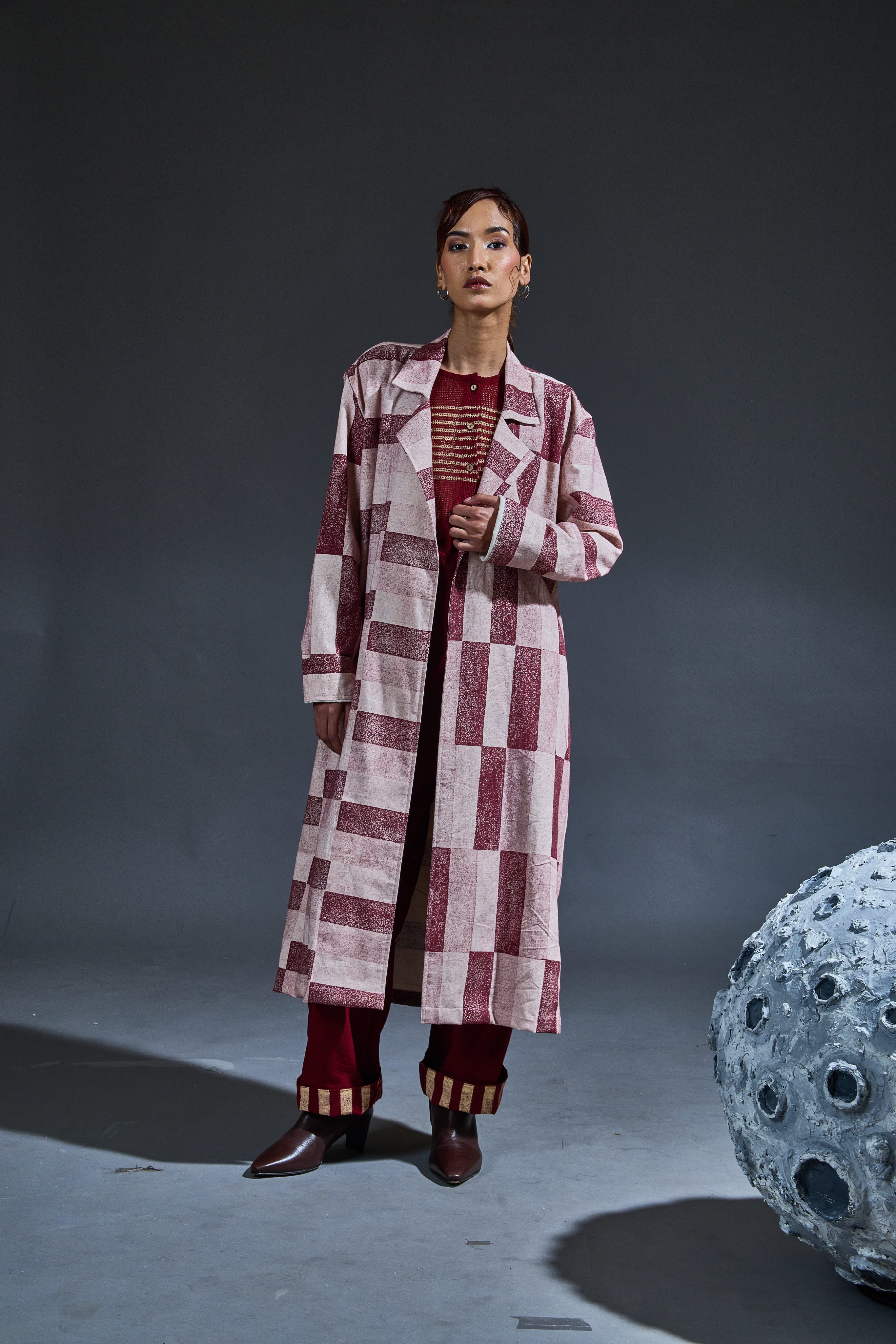Crater Maroon Mesh Crop Top Coordinate with Trench (Set of 3)