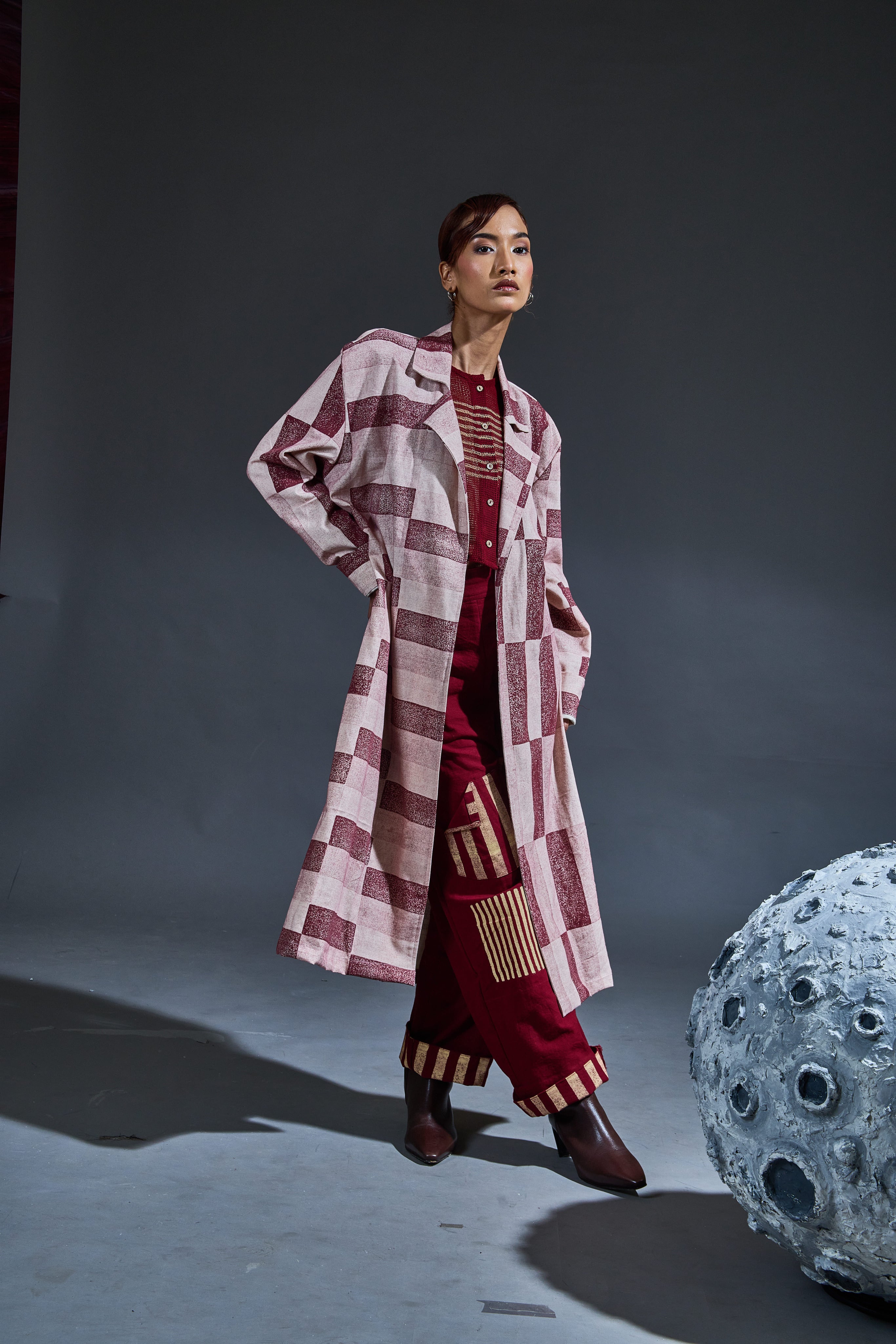 Crater Maroon Mesh Crop Top Coordinate with Trench (Set of 3)