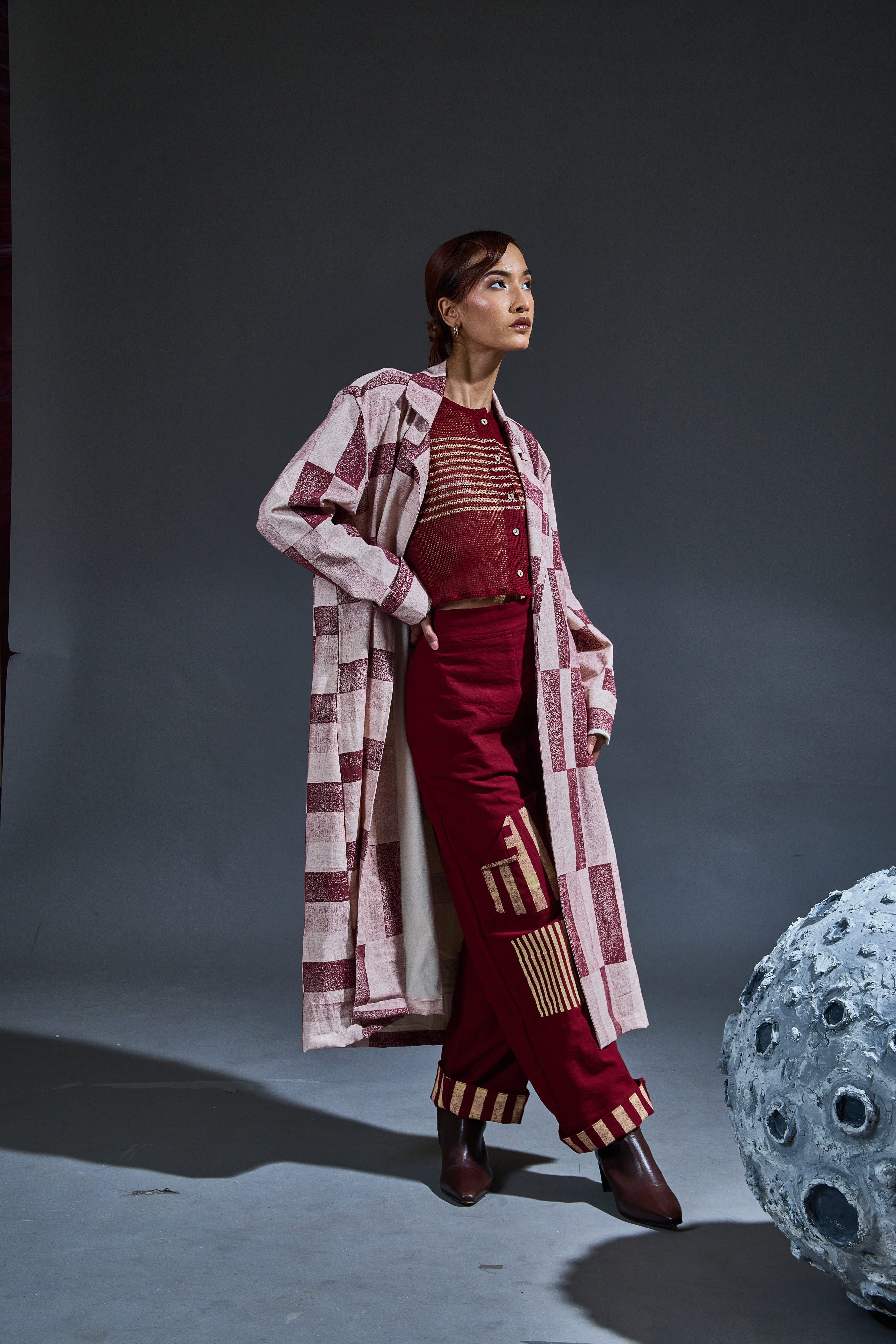 Crater Maroon Mesh Crop Top Coordinate with Trench (Set of 3)