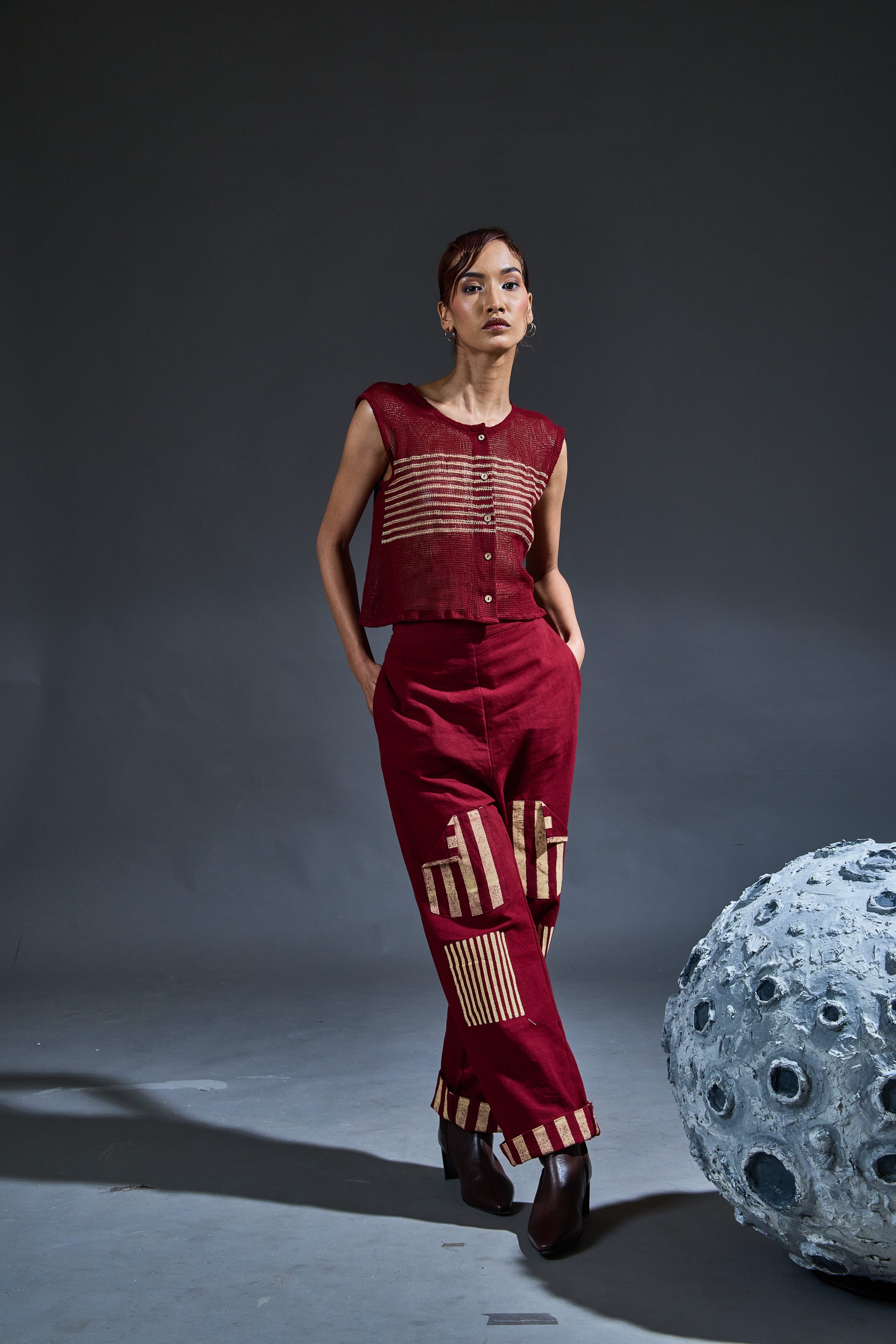 Crater Maroon Mesh Crop Top Coordinate with Trench (Set of 3)