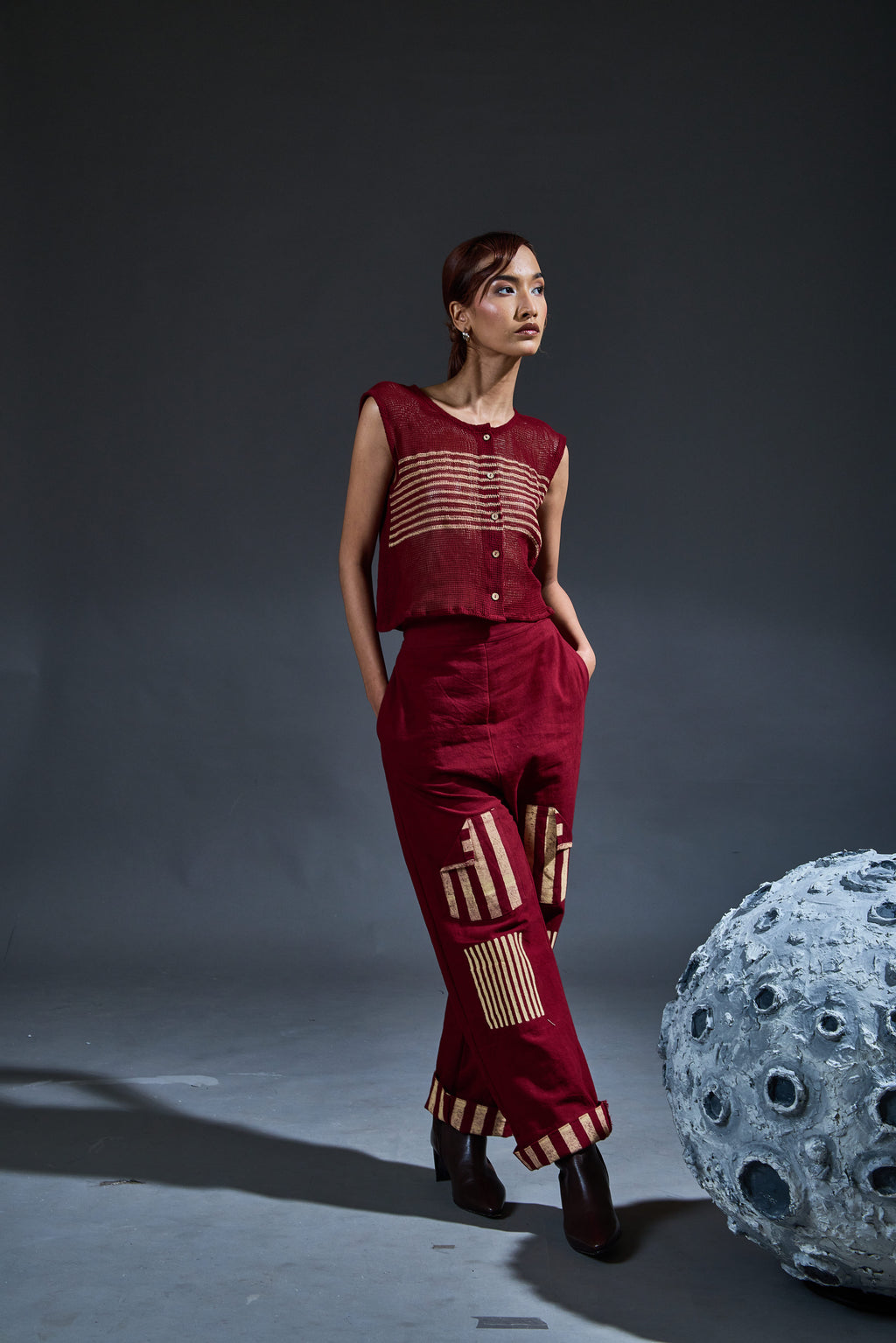 Crater Maroon Mesh Crop Top Coordinate with Trench (Set of 3)