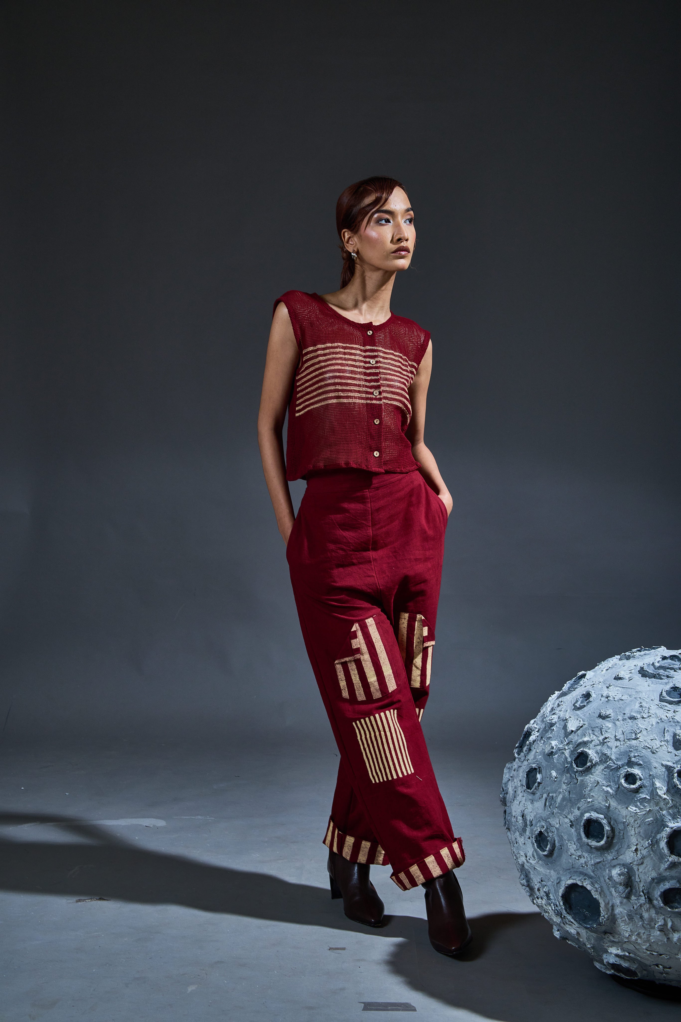 Crater Maroon Mesh Crop Top Coordinate with Trench (Set of 3)