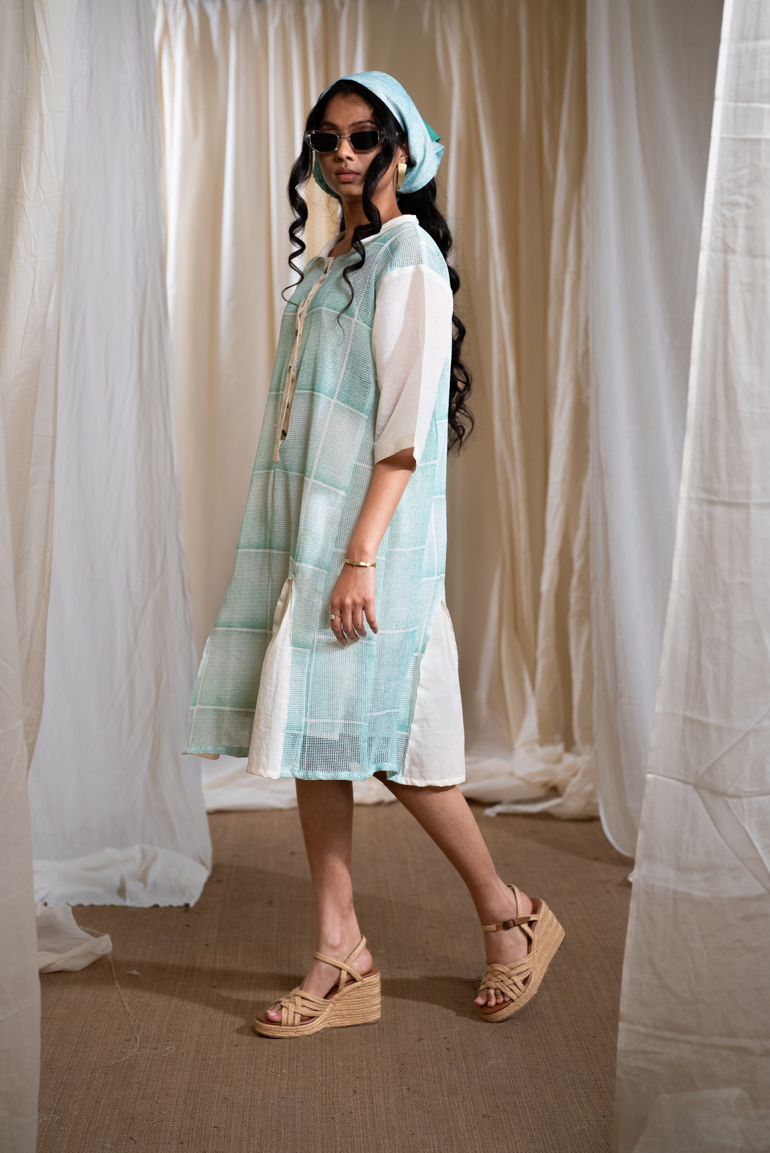 MARINA aqua lily mesh dress with slip